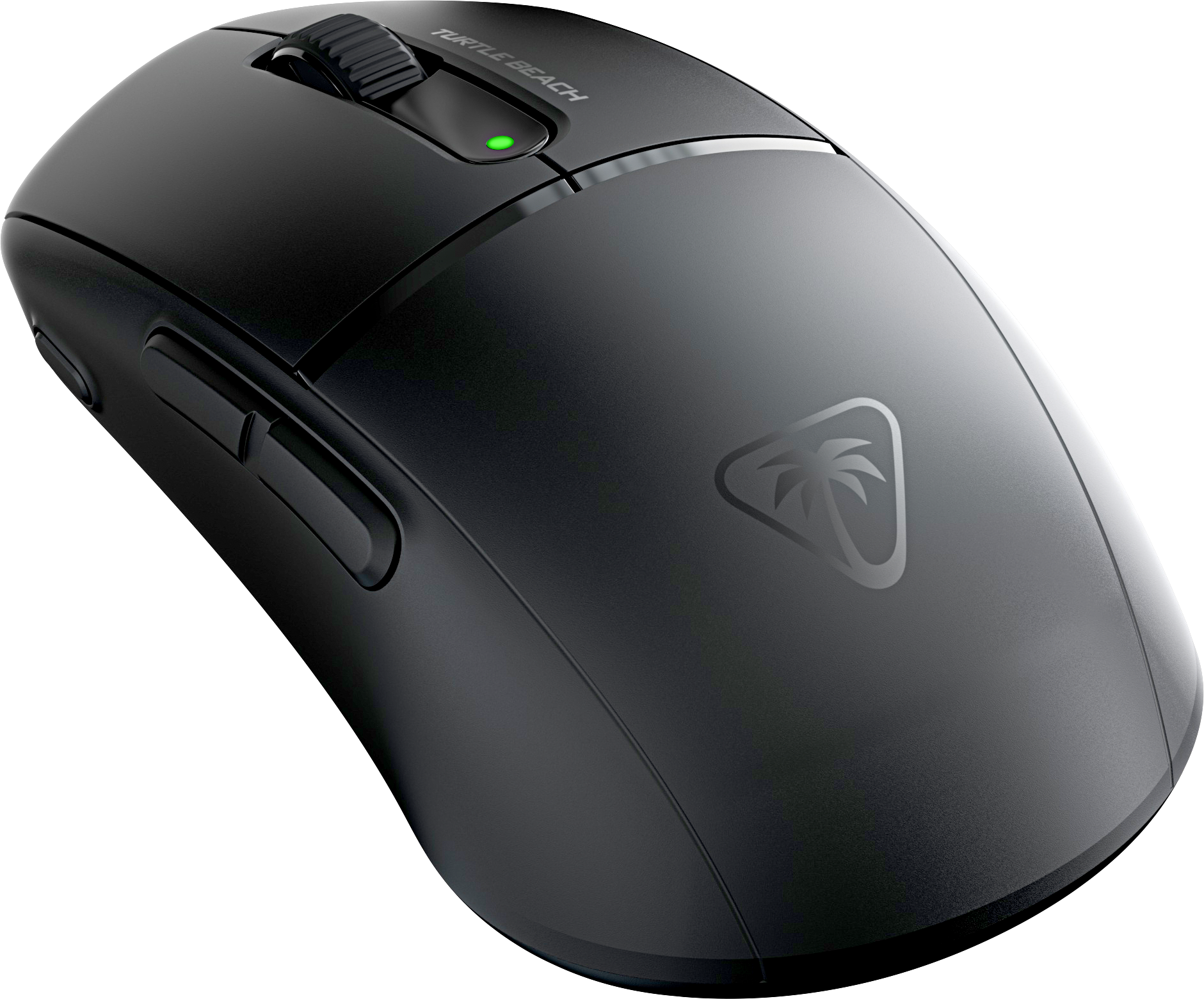 Mouse gaming Turtle Beach nero. Rotella e logo. Sfondo nero.
