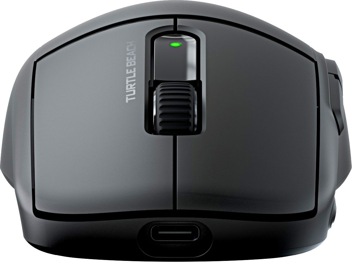 Mouse per computer nero con rotella di scorrimento e pulsanti laterali.