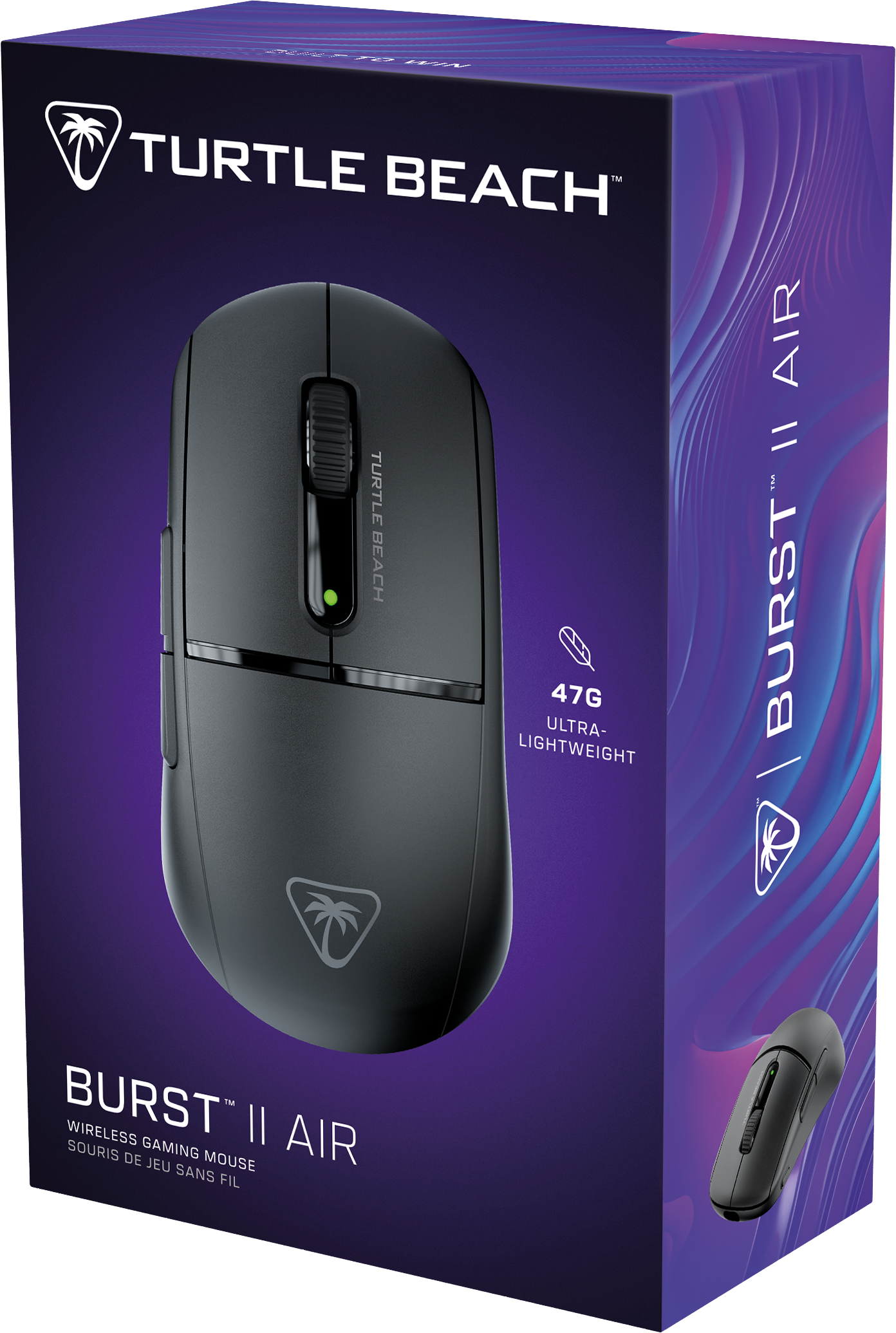 Mouse da gioco wireless nero con una scatola viola e testo bianco.