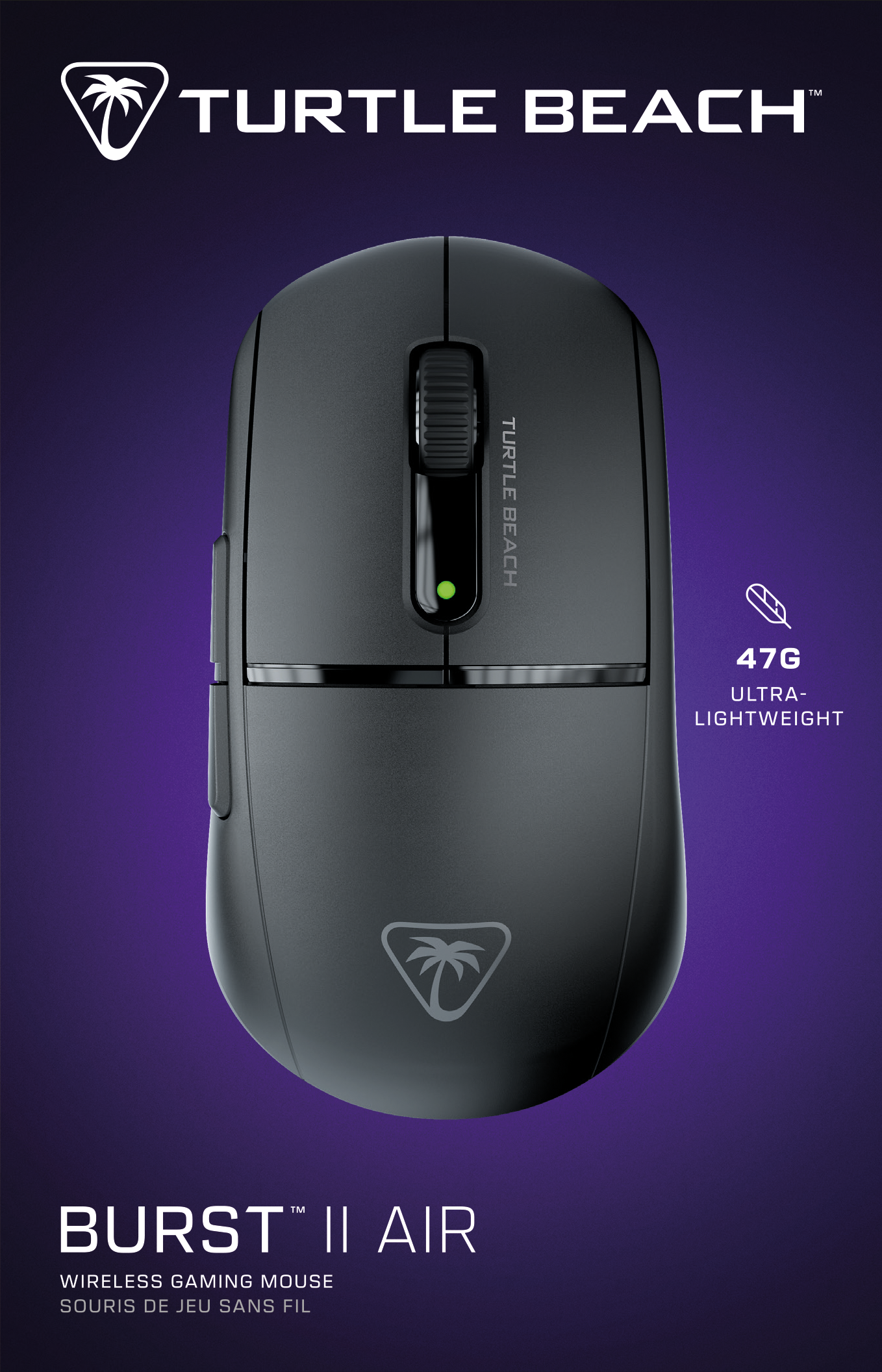 Mouse da gioco nero con logo a palma e testo 'BURST II AIR', su sfondo viola.