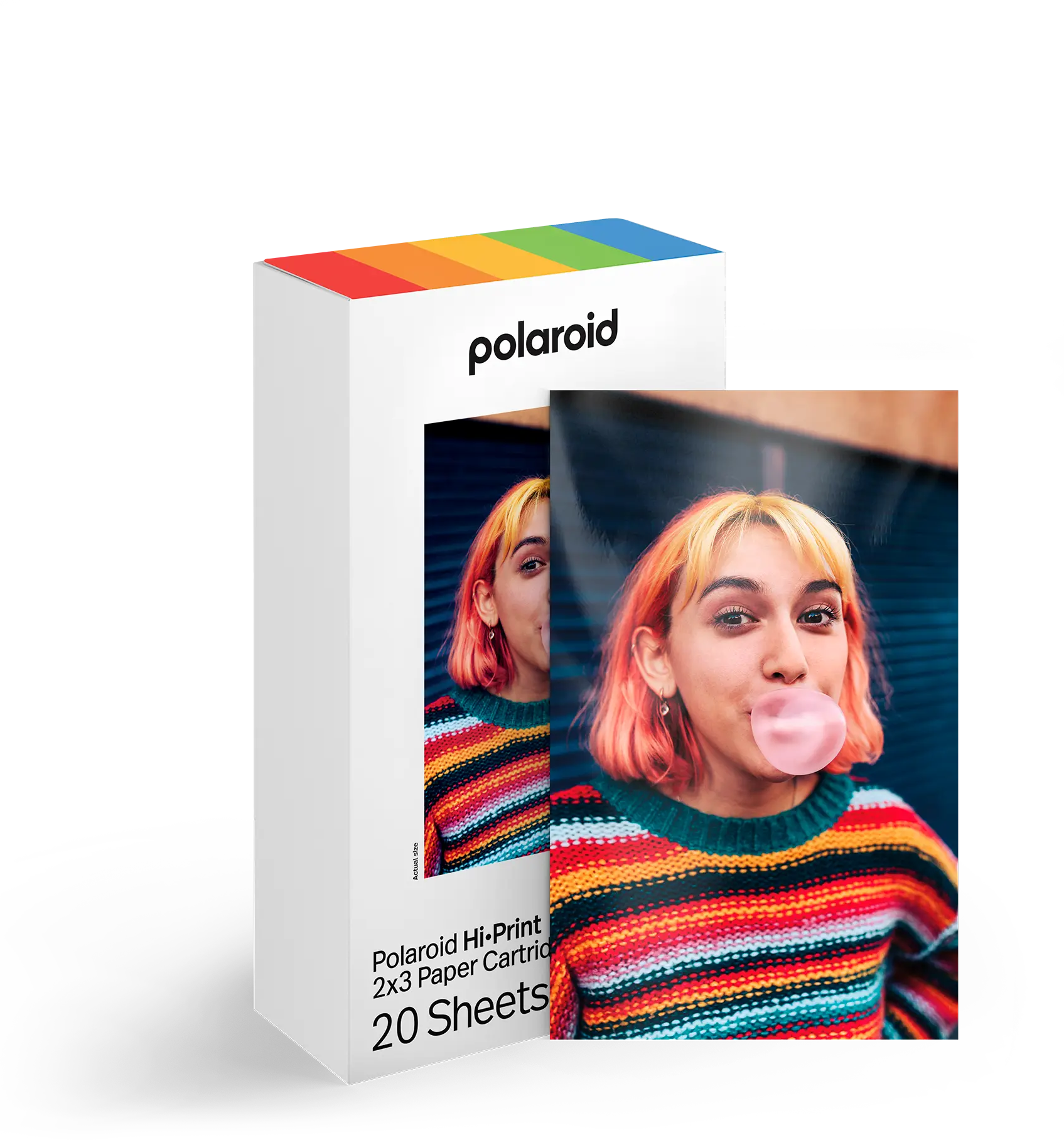 Polaroid-Kamerafilmbox mit einem Foto einer Frau, die eine Blase bläst.