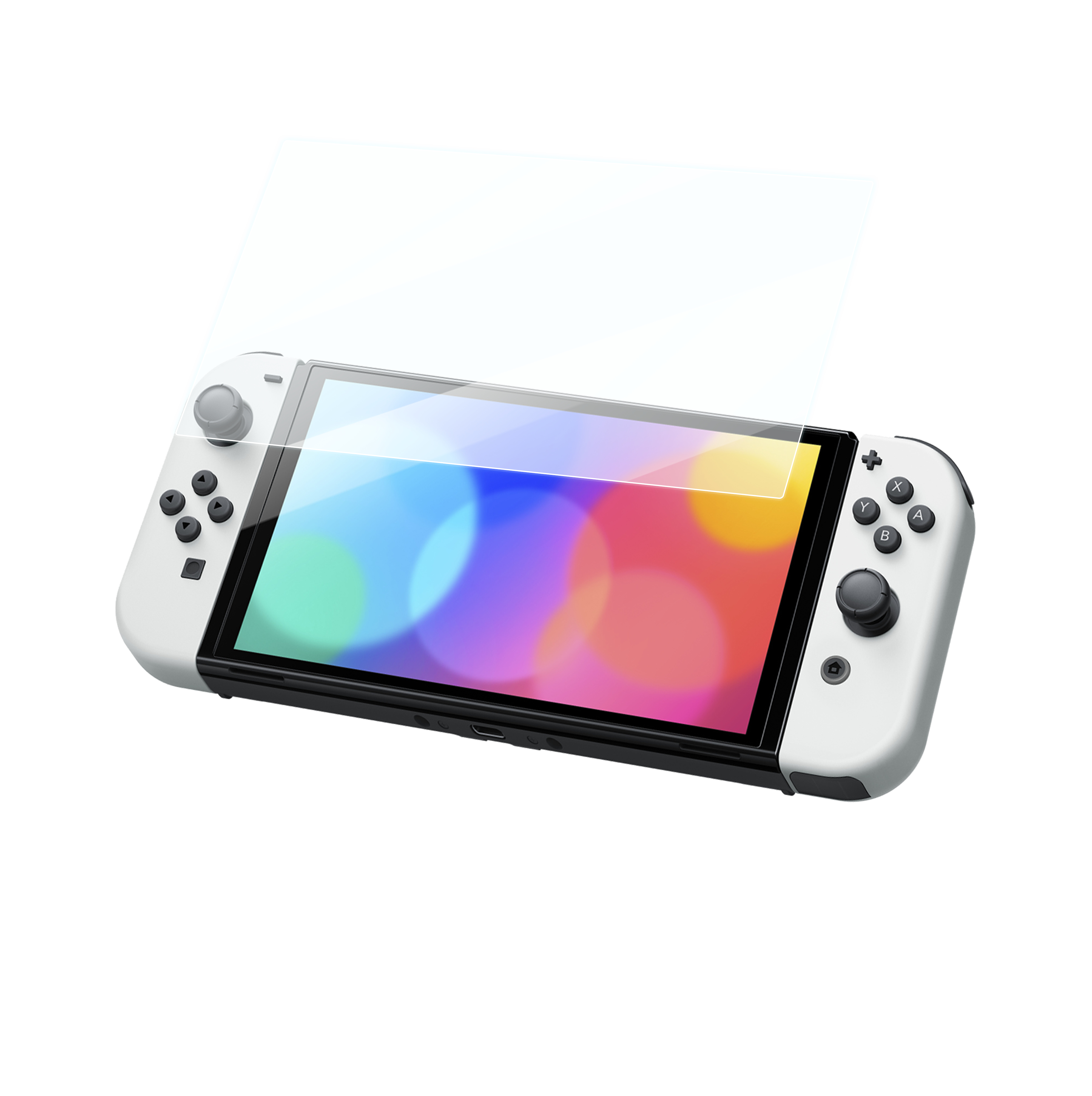 Weiße Nintendo Switch mit Displayschutz, weiße Controller, auf weißem Hintergrund.