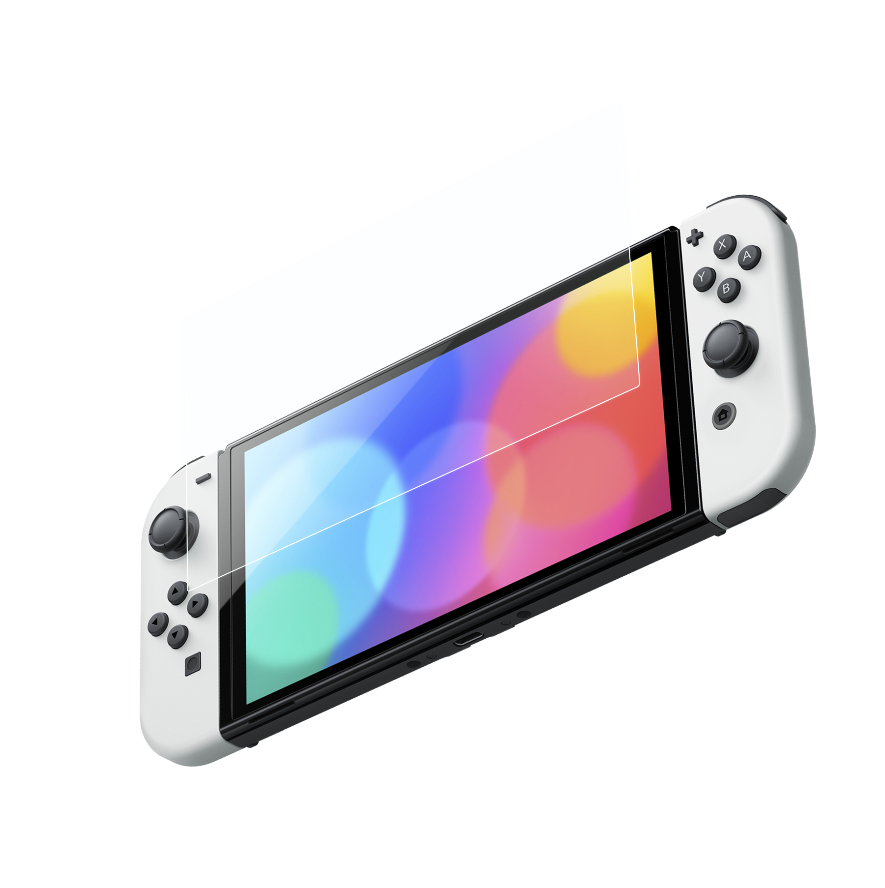 Weiße Nintendo Switch Konsole mit farbigem Bildschirm. Joy-Cons sind weiß und schwarz. Winkelansicht, weißer Hintergrund.