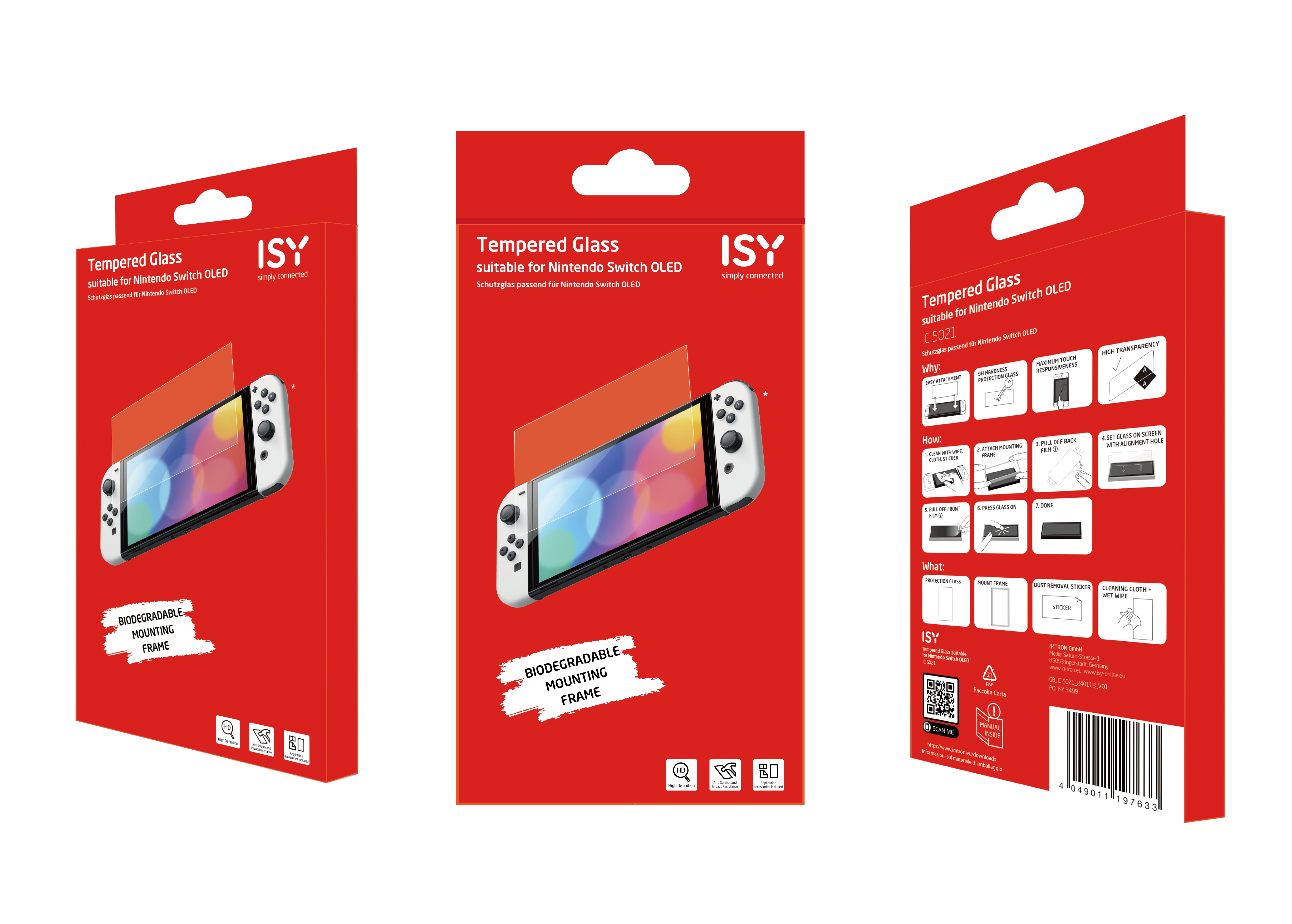 Rote Box mit Produktbildern. Text sagt, Tempered Glass geeignet für Nintendo Switch OLED.