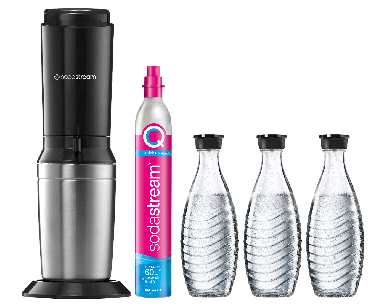 SodaStream-Maschine, rosa Sodablasche und drei klare Glas-Sodablaschen.