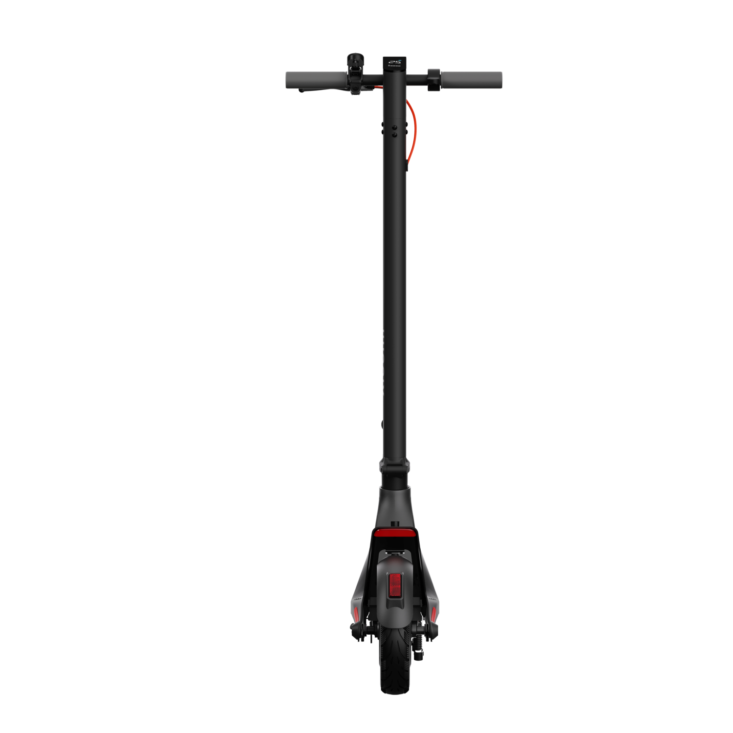 Black electric scooter, viewed from the back. Red tail light and brake light visible. Black background.