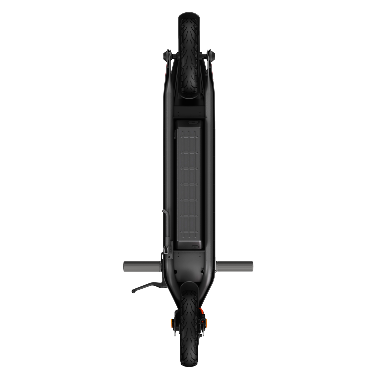 A black electric scooter viewed from above, set against a completely black background.