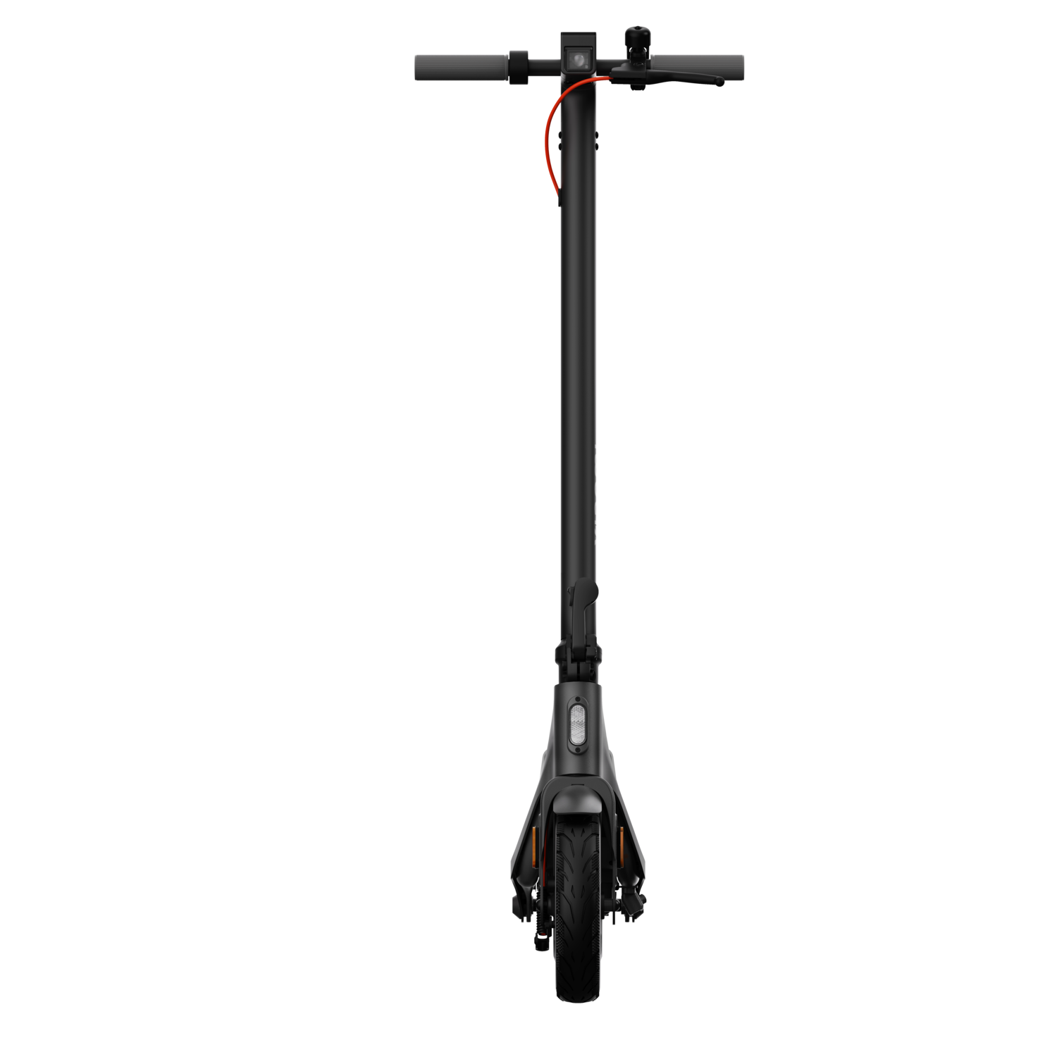 A black electric scooter against a black background.