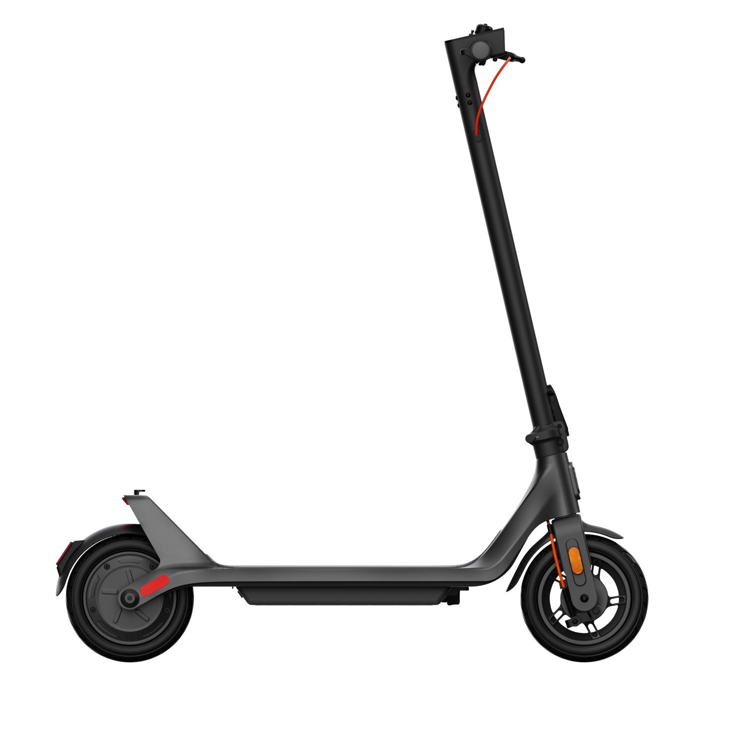 Black and gray electric scooter with orange accents, isolated on black.