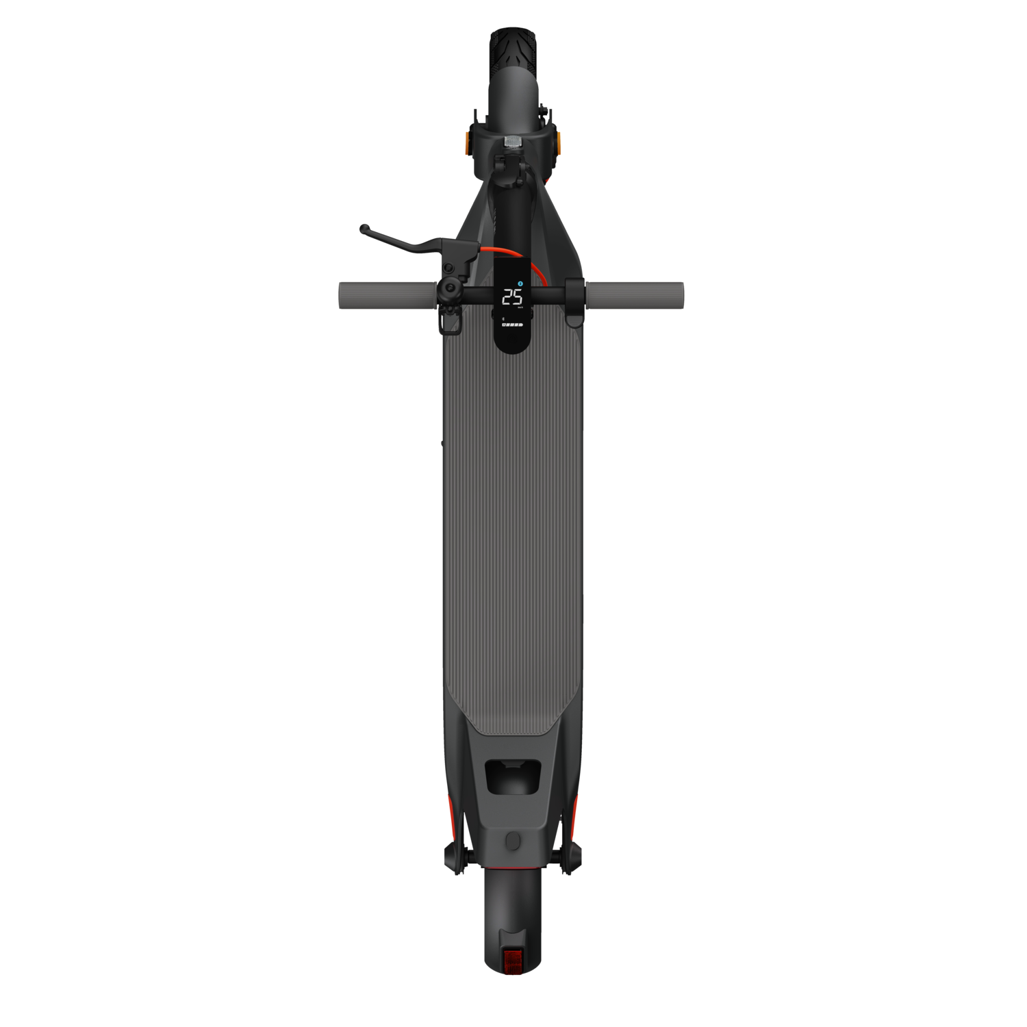 Top view of an electric scooter on a black background. It has a display and red accents.