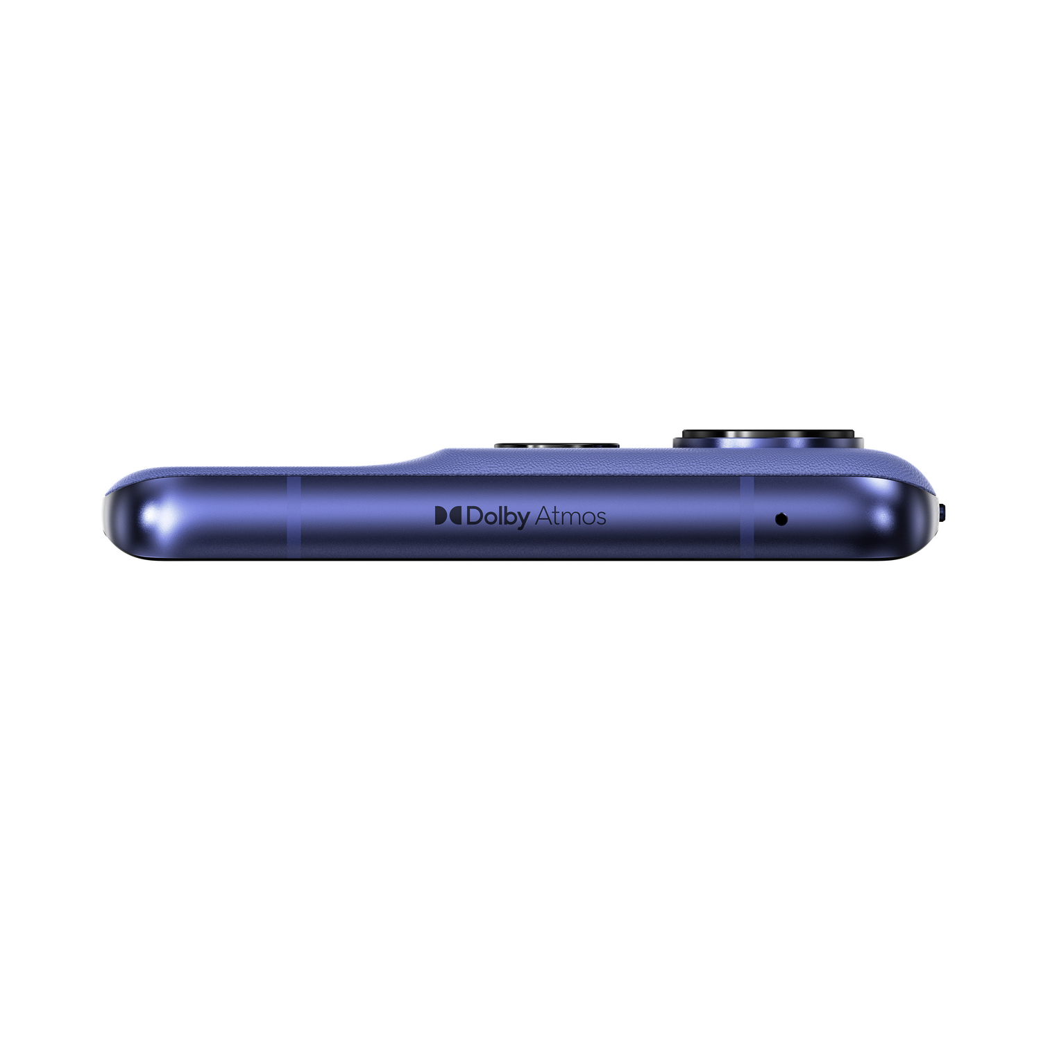Primer plano del borde inferior de un teléfono azul, con el logotipo de Dolby Atmos. Tiene un botón de encendido y un puerto de carga.