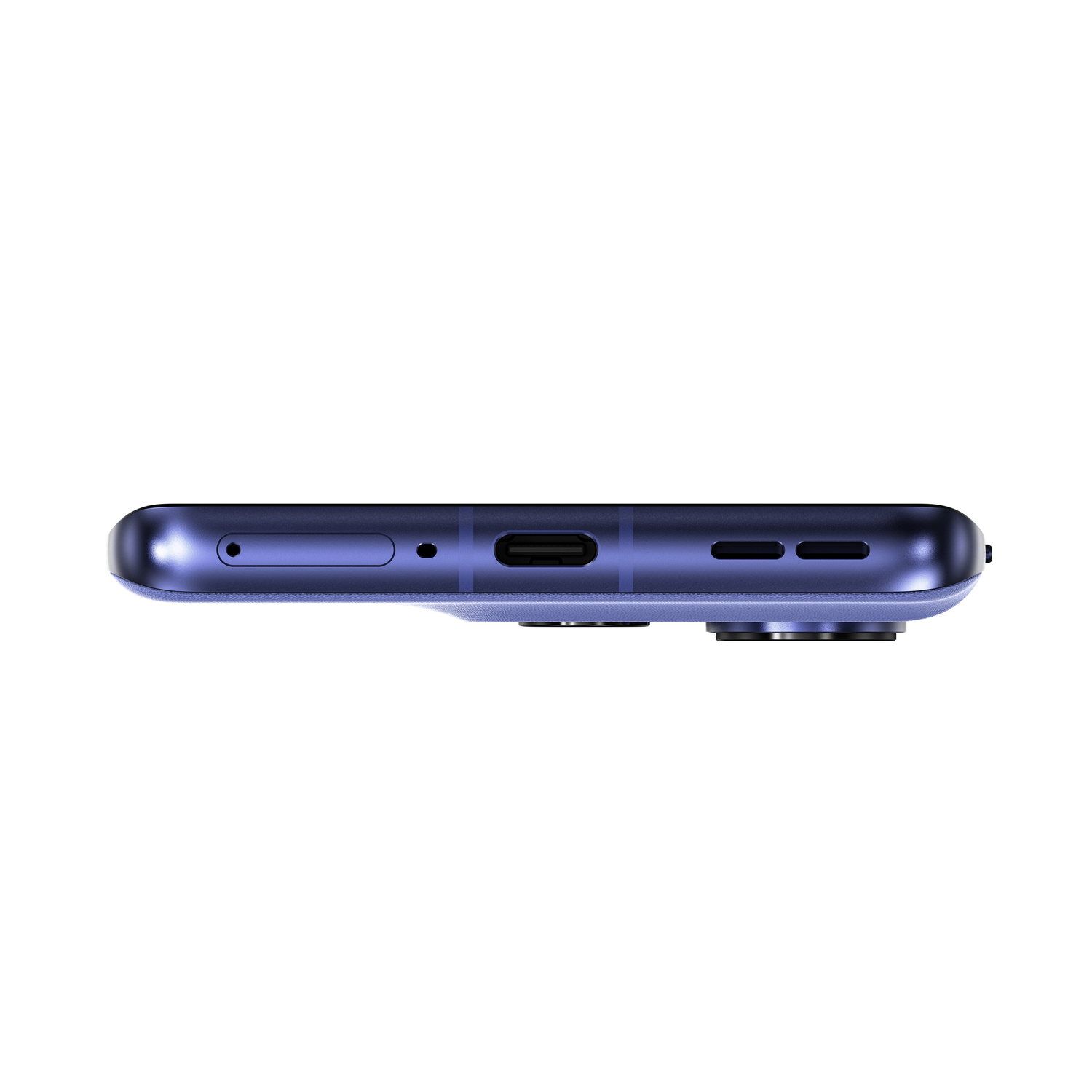 Un primer plano de la parte inferior de un teléfono púrpura. Tiene un puerto de carga, un micrófono y dos orificios.