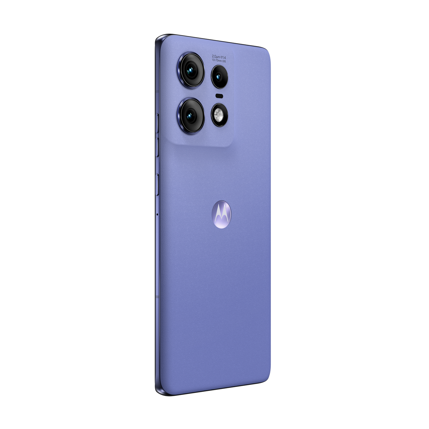 Teléfono Motorola morado con varias lentes de cámara. El logotipo Motorola es visible.
