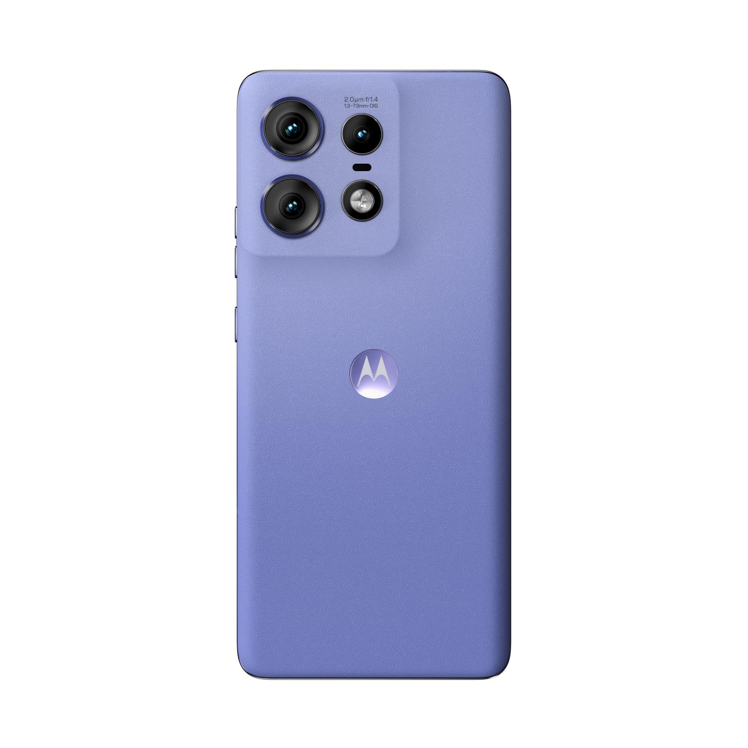 Teléfono púrpura con una protuberancia de la cámara. Tiene un logotipo de Motorola en la parte posterior. Fondo negro.