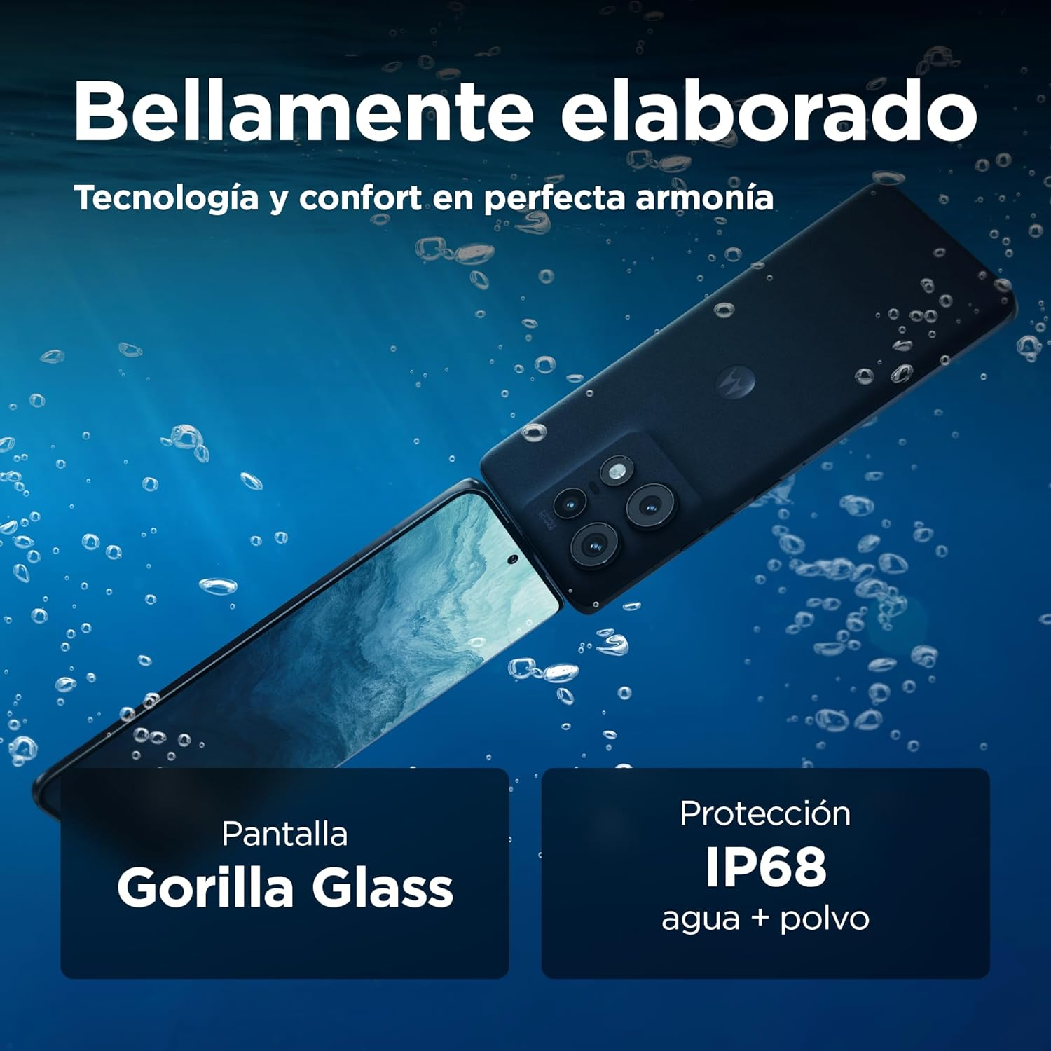 Smartphone con efecto de salpicaduras de agua, mostrando su pantalla Gorilla Glass e IP68.