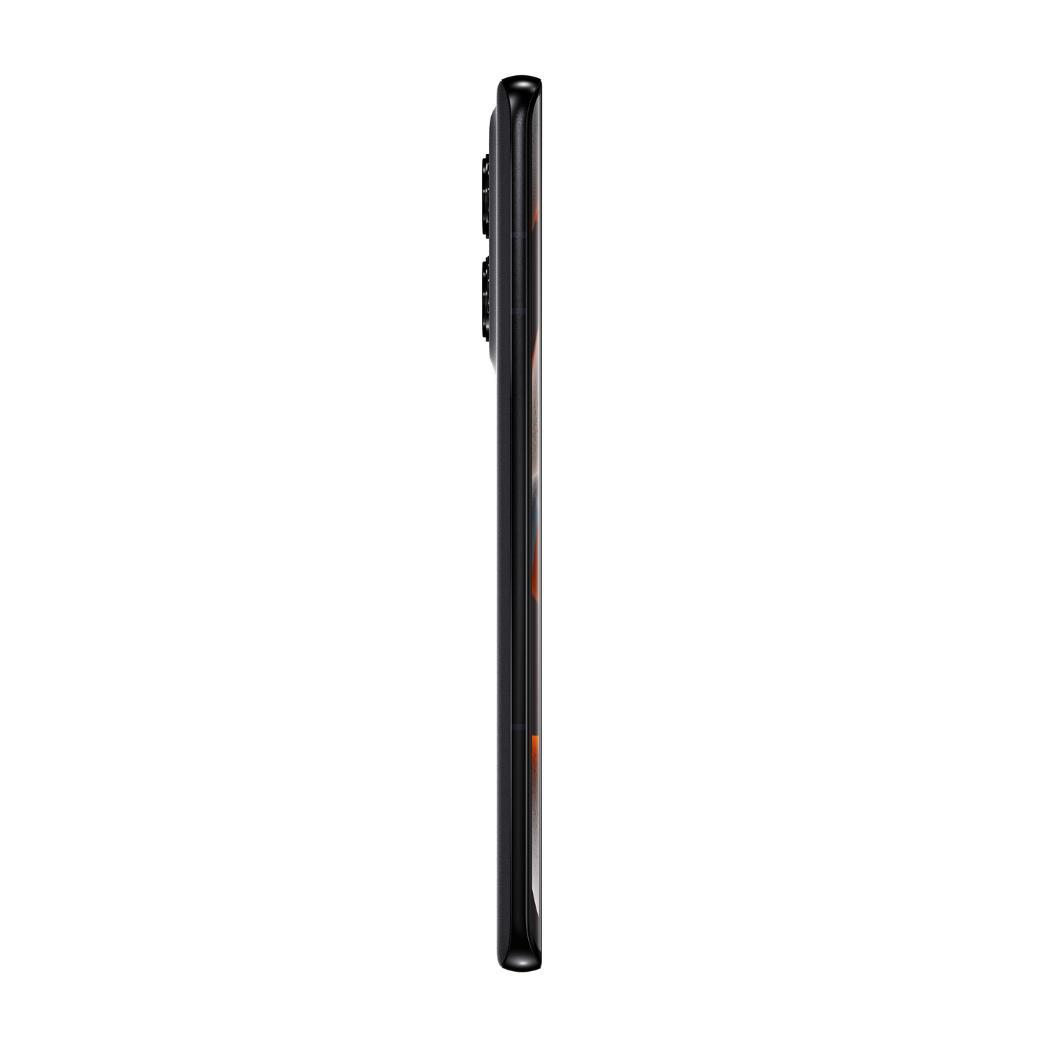 Smartphone negro sobre fondo blanco, vista lateral con cámaras y diseño plano.