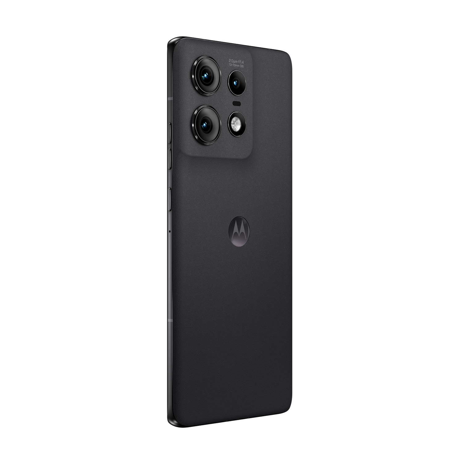 Smartphone negro, vista trasera. Tres cámaras están en la parte superior. El logotipo de Motorola está en la parte inferior.