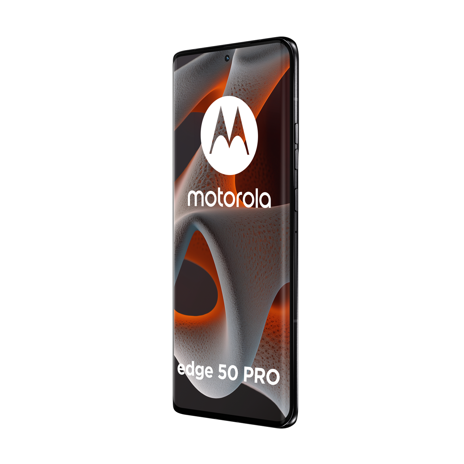 Un smartphone motorola edge 50 PRO sobre fondo blanco. La pantalla del teléfono está encendida.