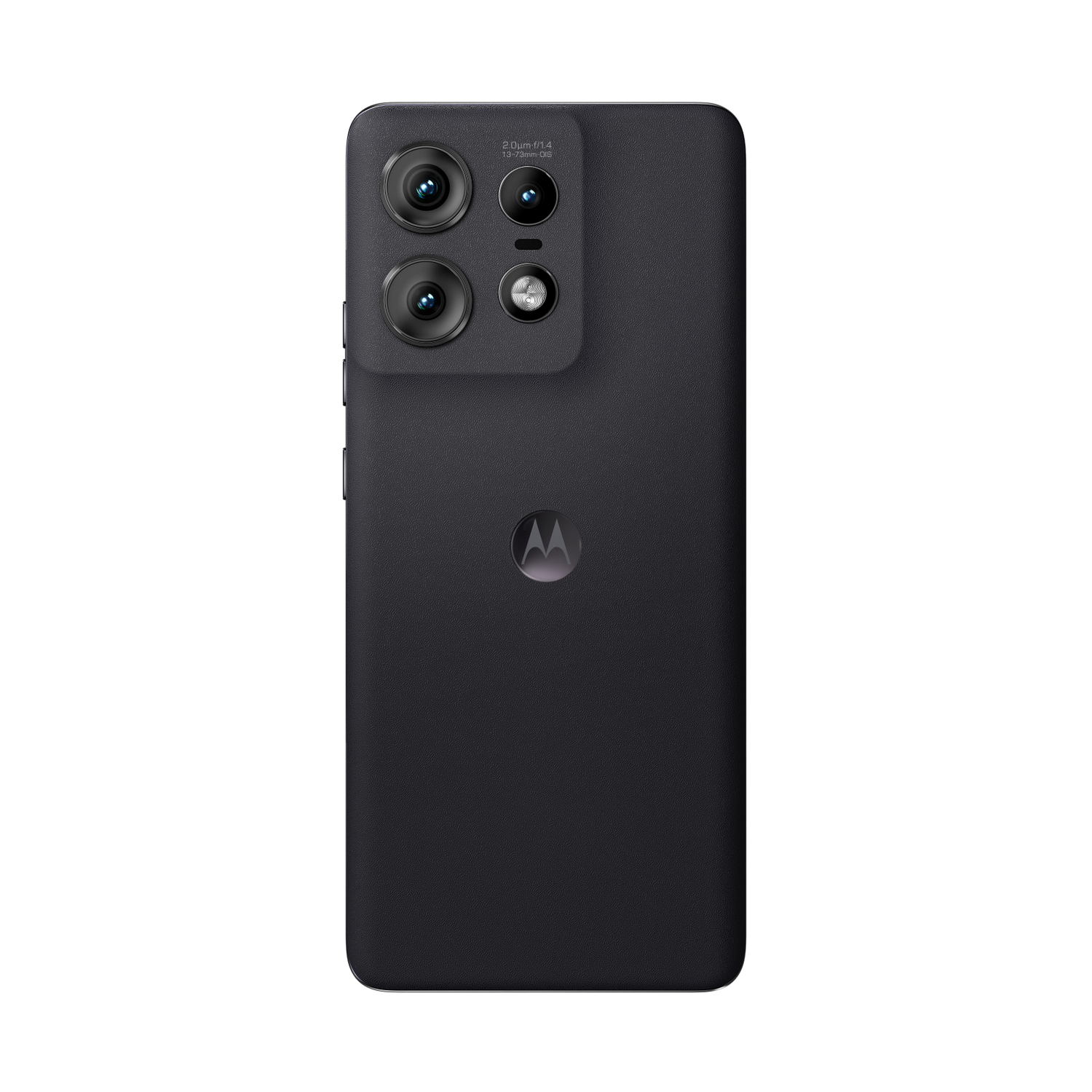 Parte trasera de un teléfono negro con cámaras y logo. Fondo negro.