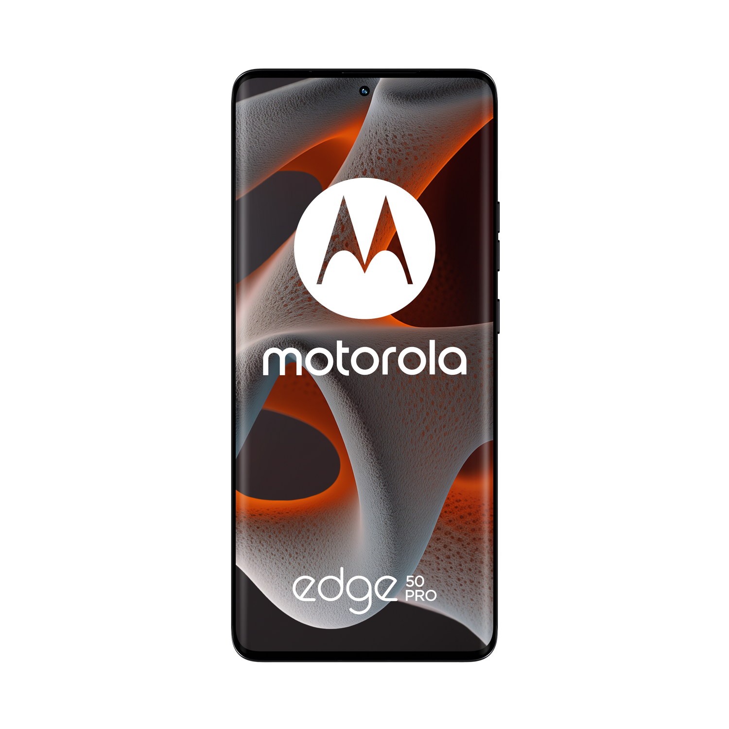 Smartphone Motorola Edge 50 Pro. La pantalla muestra un logotipo blanco de Motorola sobre un fondo naranja ondulado.
