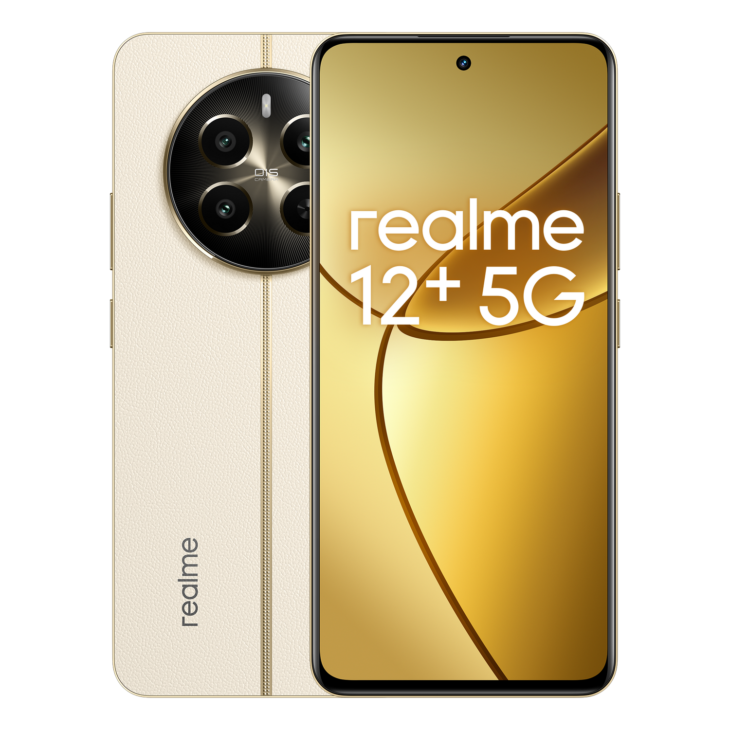 Smartphone con parte trasera dorada y pantalla grande con interfaz dorada. Logotipo de Realme en la parte trasera.