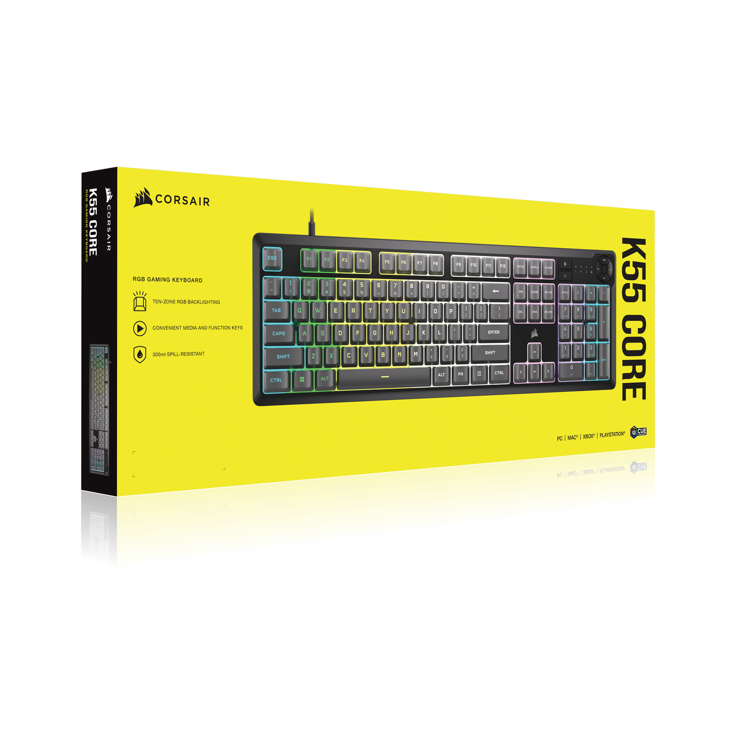 Teclado en una caja con fondo amarillo. K55 CORE está escrito en la caja.