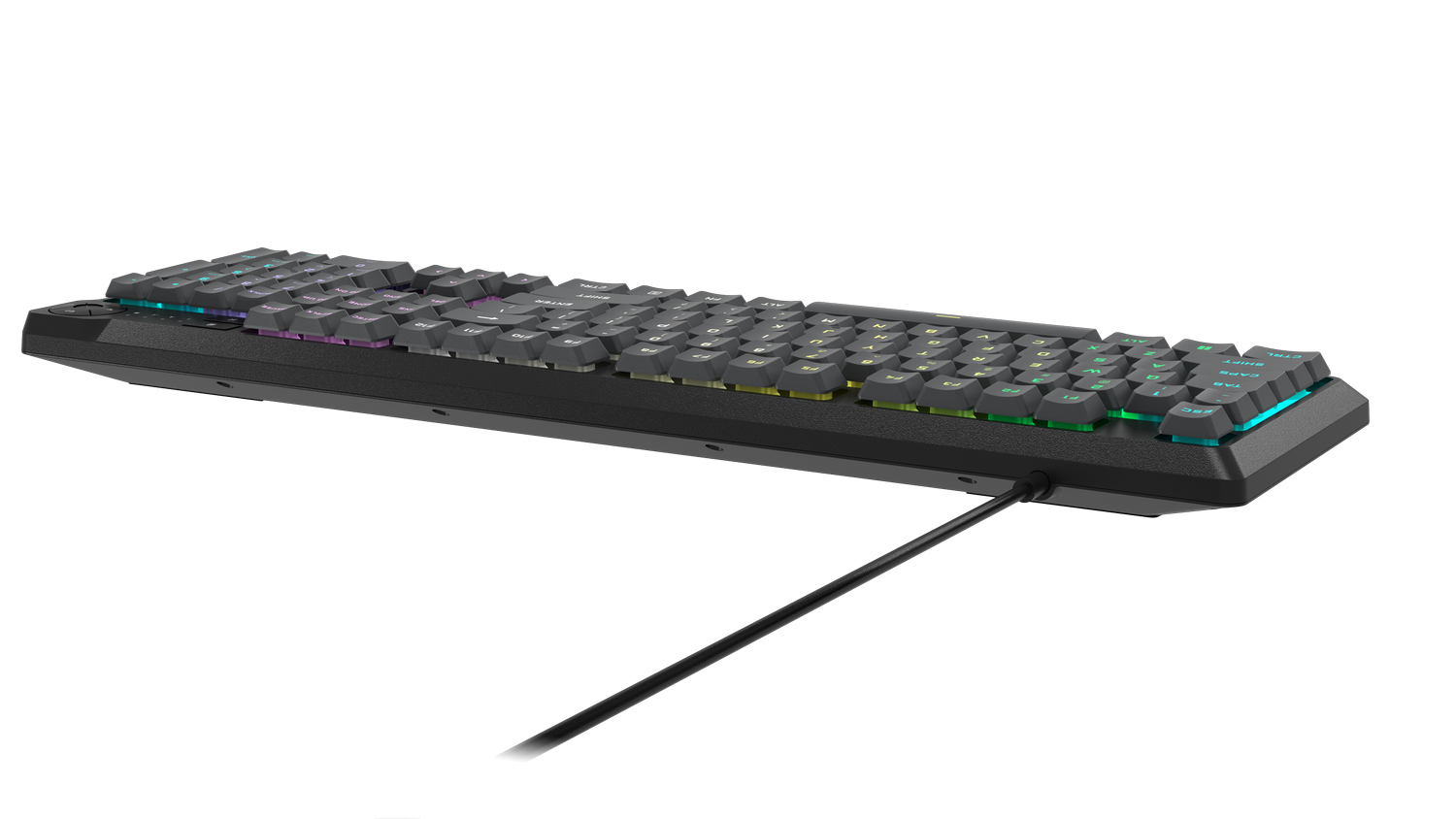Teclado negro con teclas de colores sobre fondo negro, en ángulo para mostrar teclas y cable.