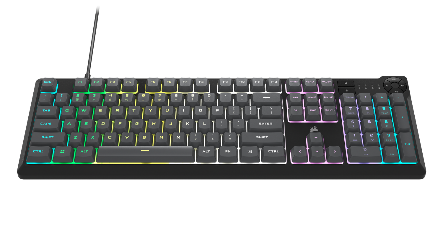 Teclado negro con teclas retroiluminadas de colores sobre superficie negra.