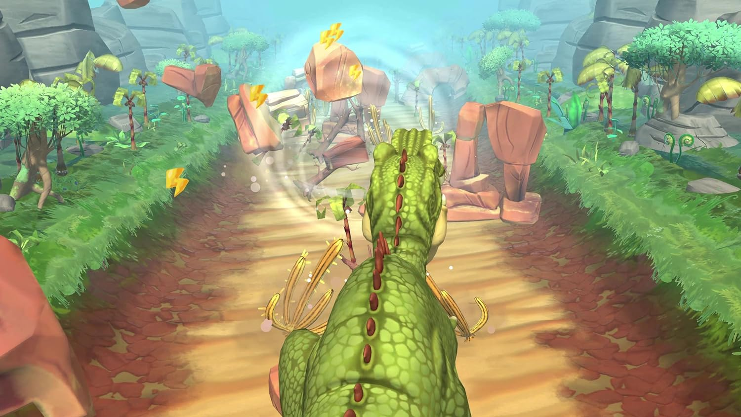 Un dinosaurio de dibujos animados verde corriendo por un entorno de juego con rocas y un camino.