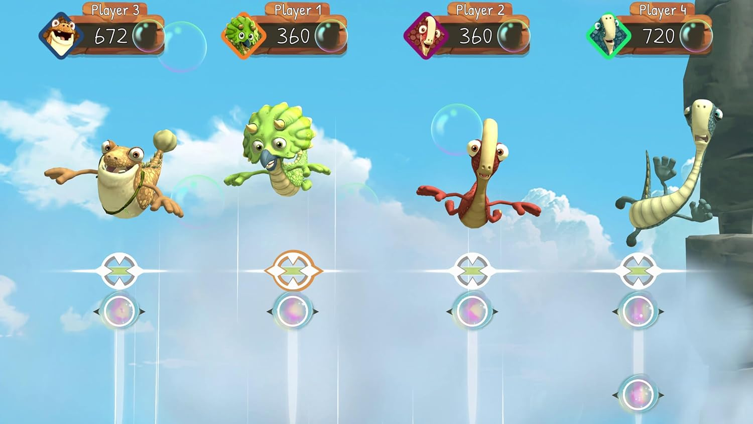Personajes de dinosaurios de dibujos animados volando por el cielo. Marcadores con puntos encima de ellos.