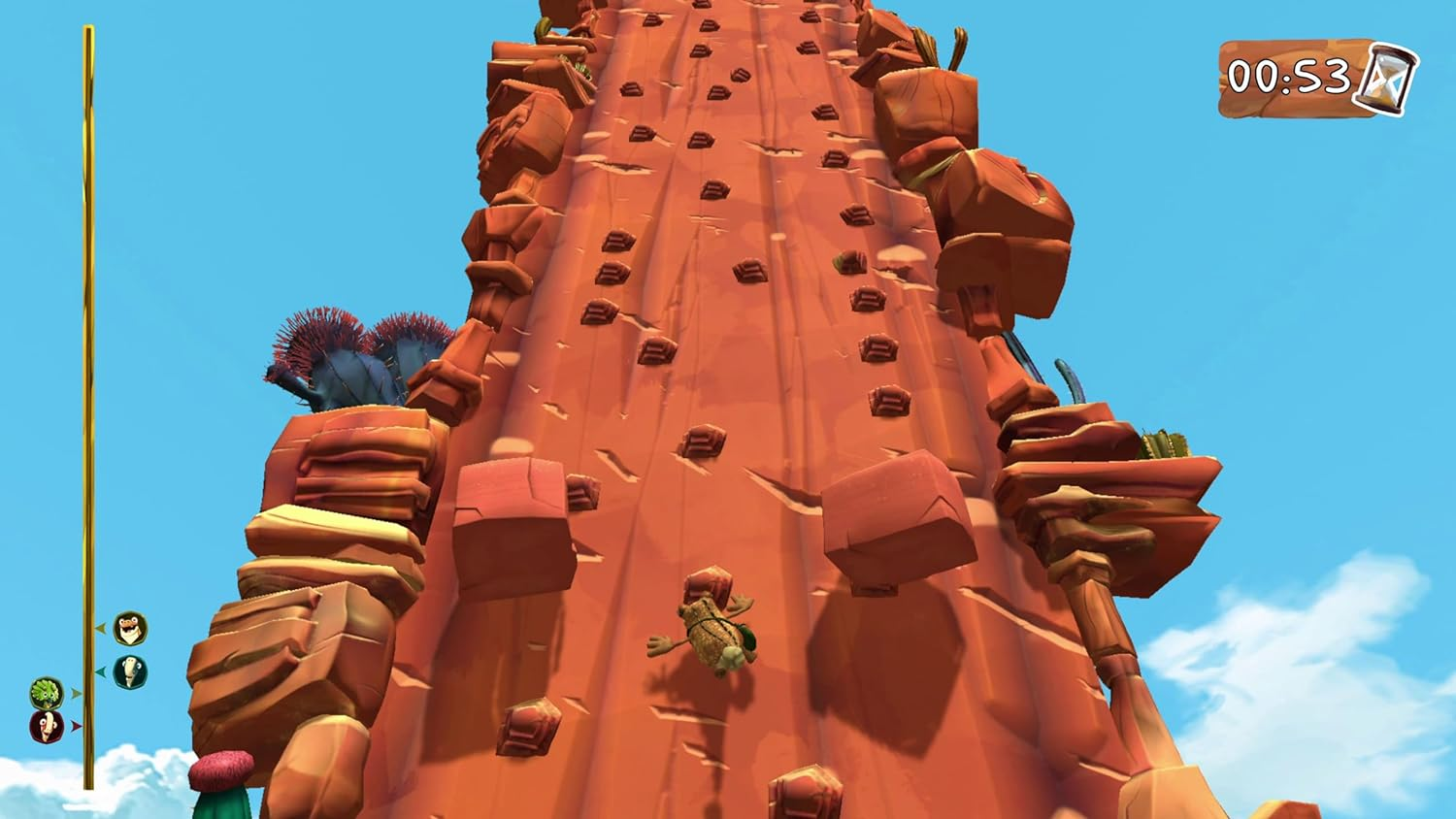 Personaje de dibujos animados escalando un acantilado, interfaz del juego.