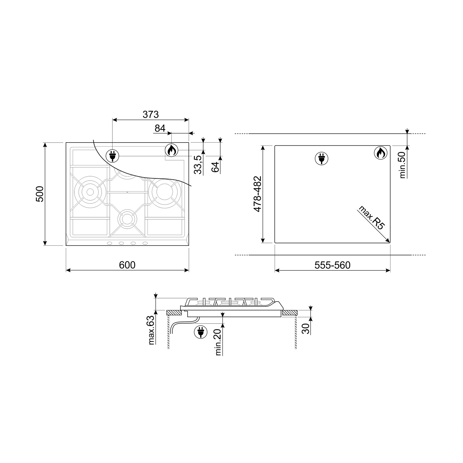 Diagrammi della vista superiore e laterale di un fornello a gas con dimensioni. Include misure e parti etichettate.