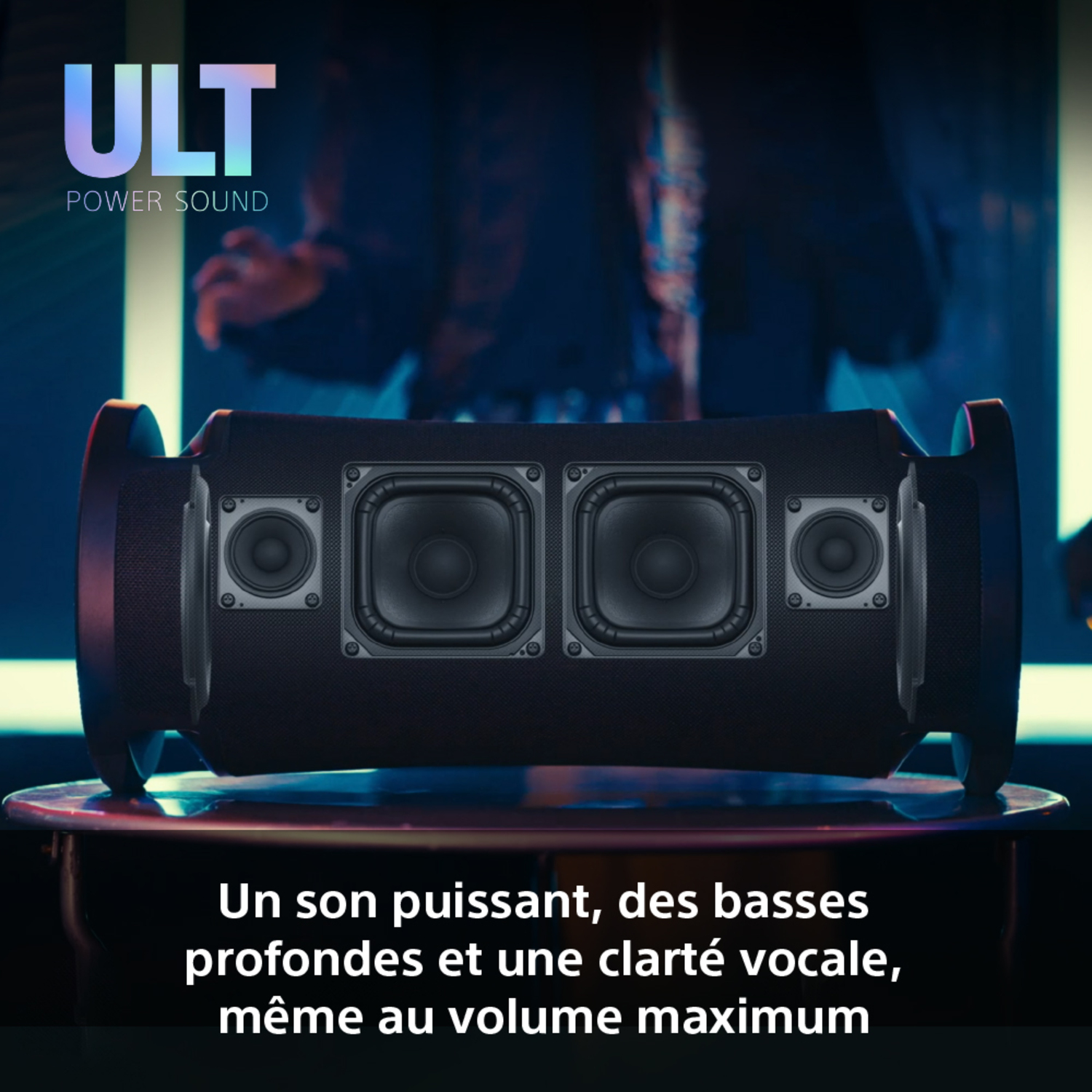 Un haut-parleur noir avec plusieurs haut-parleurs. Texte : Un son puissant, des basses profondes et de la clarté.