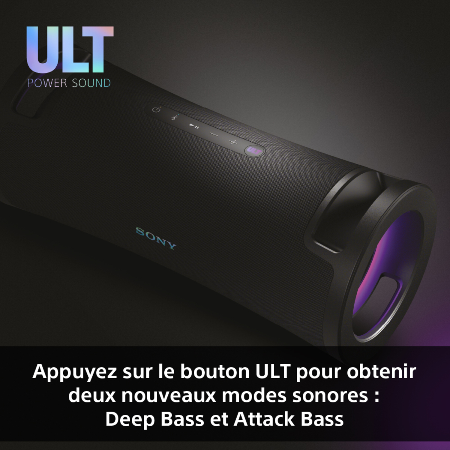 Haut-parleur noir avec une lumière rouge et des lumières bleues. Le texte indique 'ULT POWER SOUND' et 'SONY'.