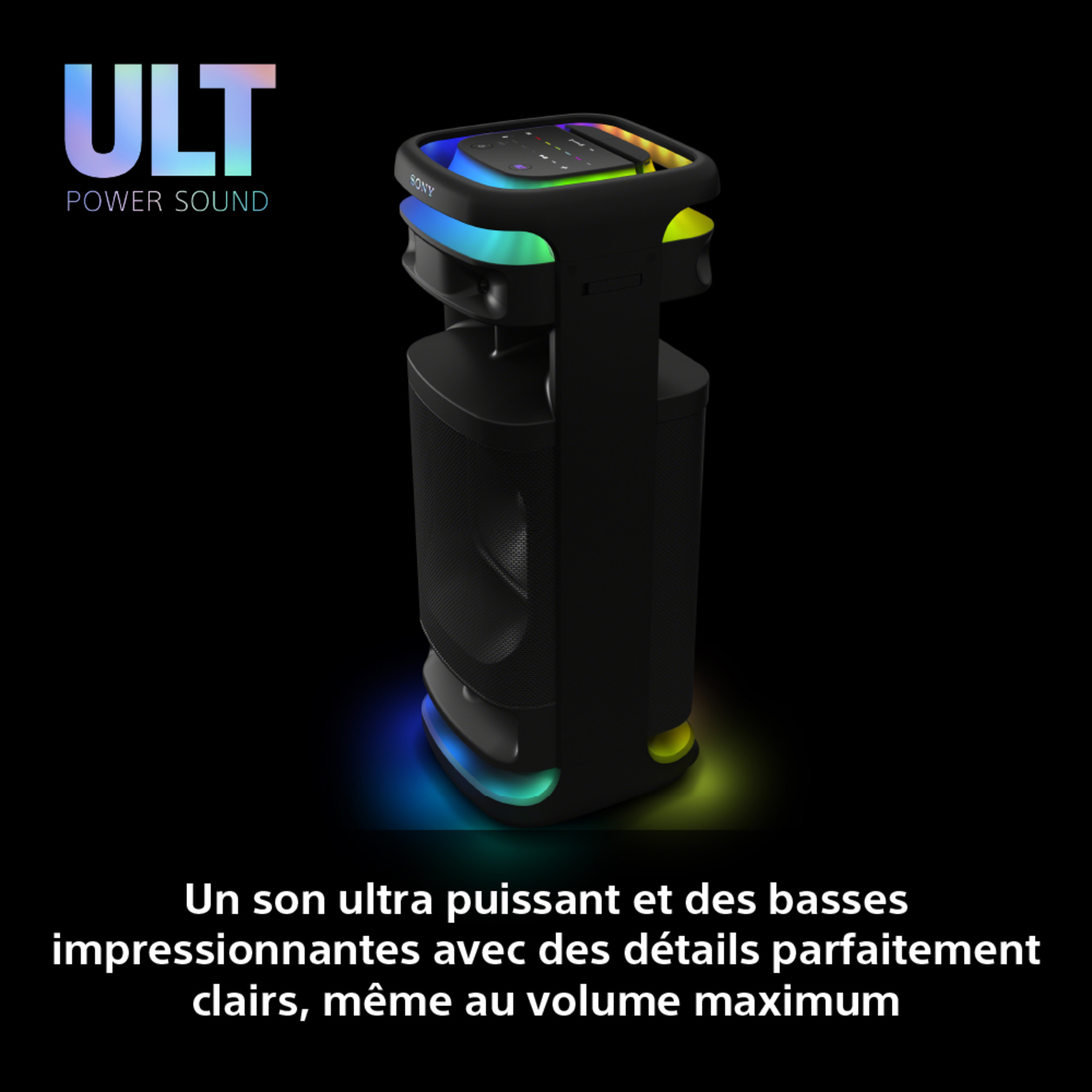 Un haut-parleur noir avec des lumières colorées et le texte 'ULT POWER SOUND'.