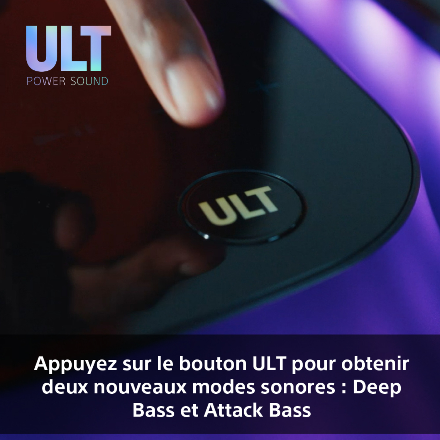 Un doigt appuie sur le bouton ULT d'un appareil noir. Le logo ULT est visible.