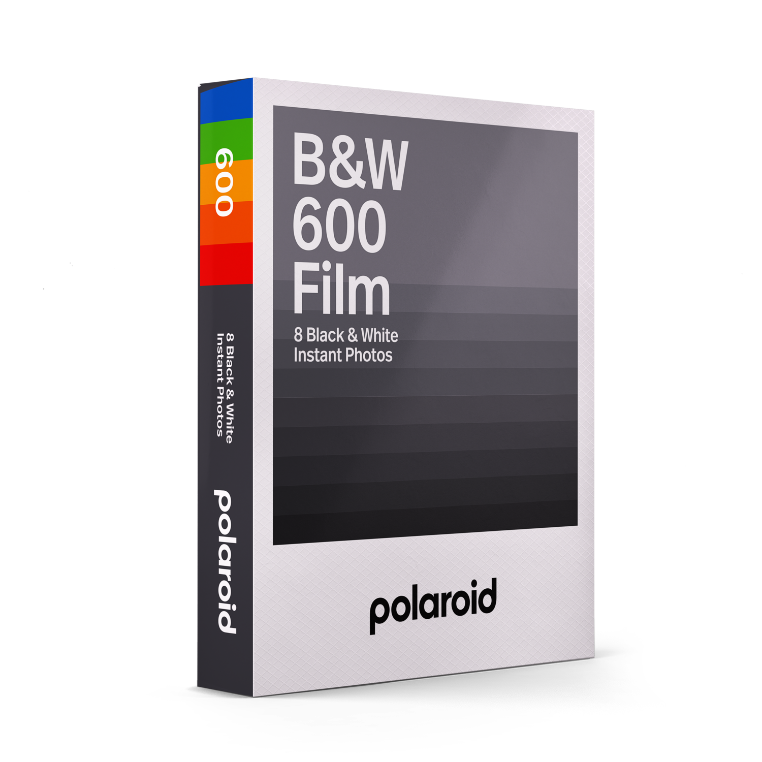 A Polaroid B&W 600 Film box, with a colorful side and a black and white photo on the front.