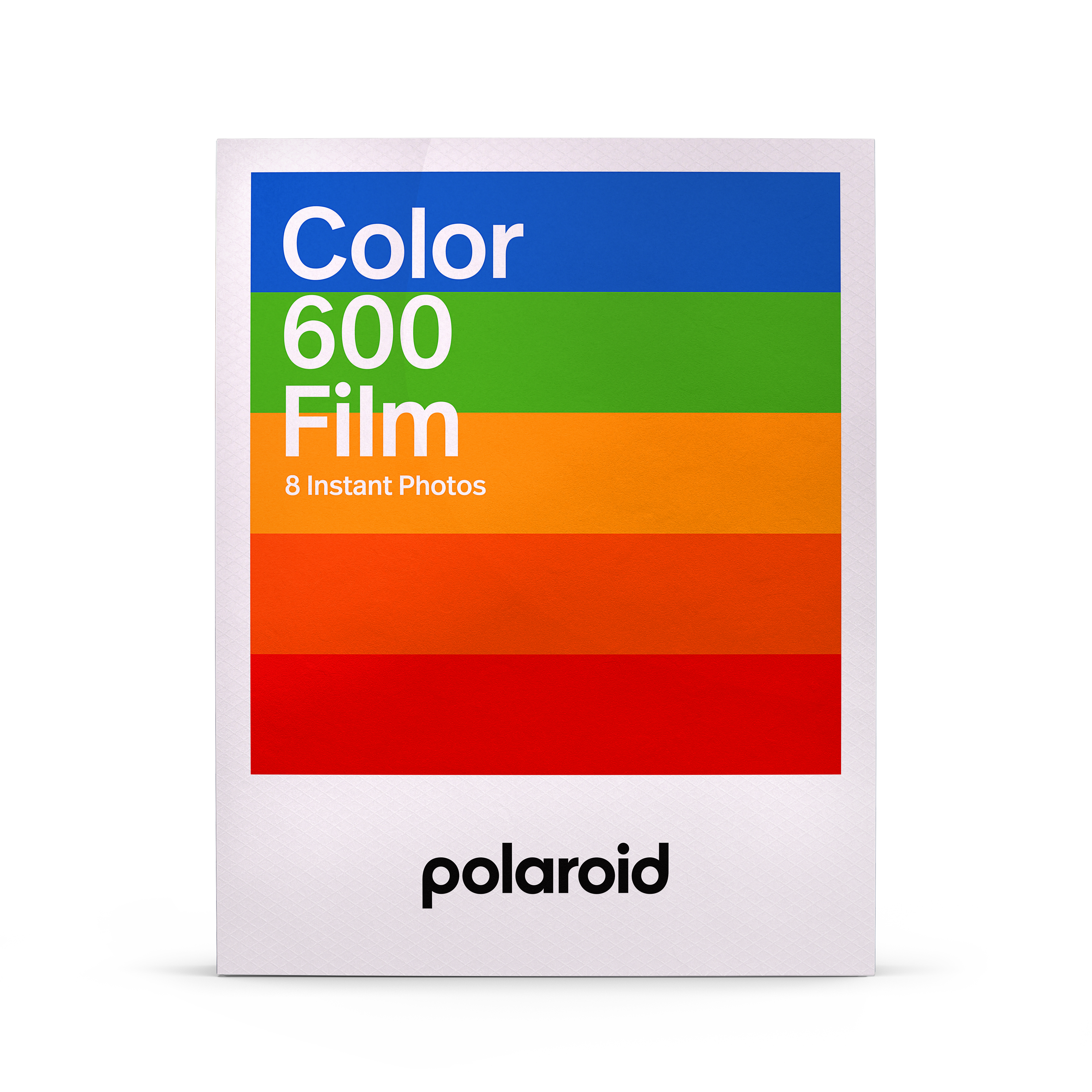 Een polaroid filmdoosje met een kleurrijk regenboogontwerp.