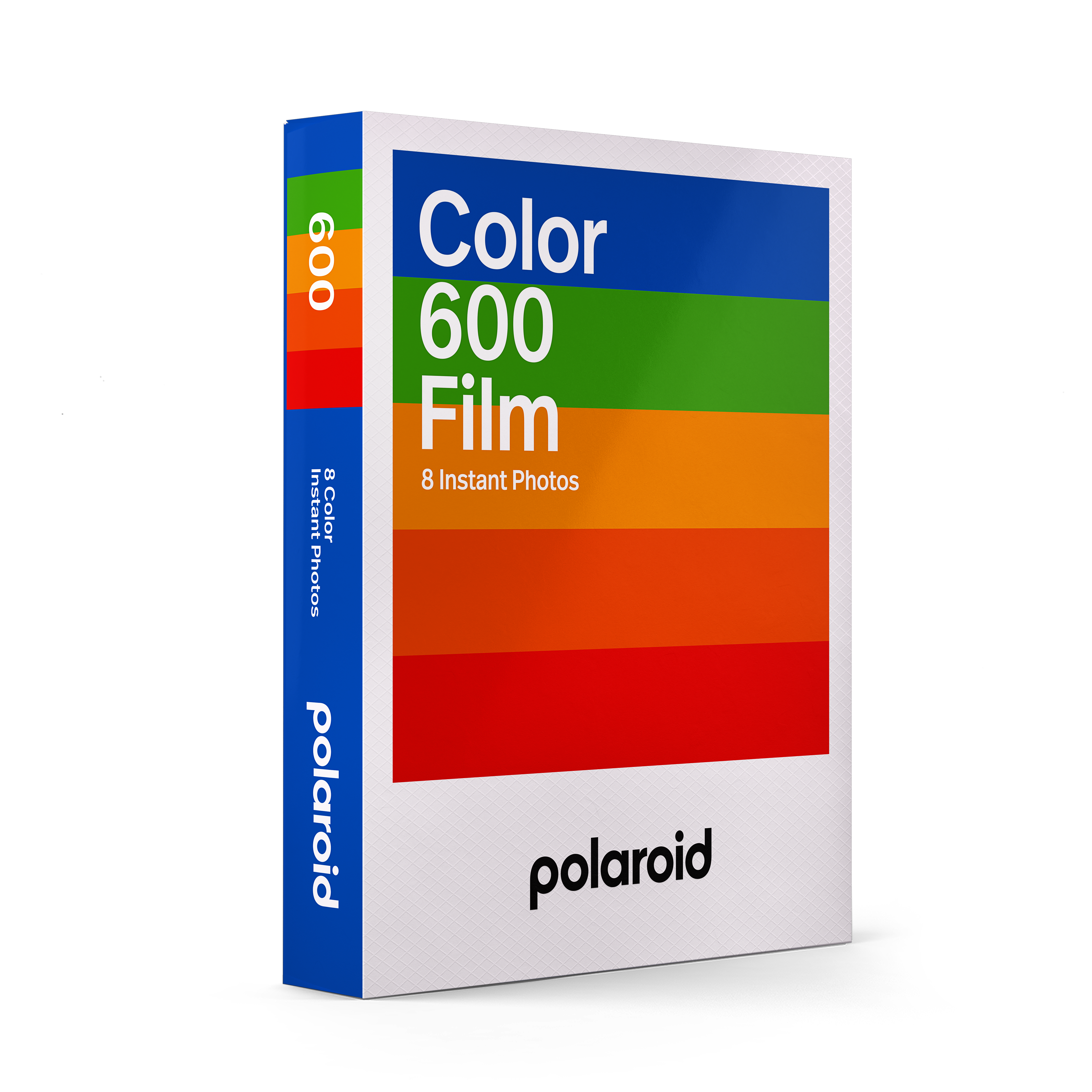 Een doos Polaroid Color 600 Film met kleurrijke strepen op de voorkant.