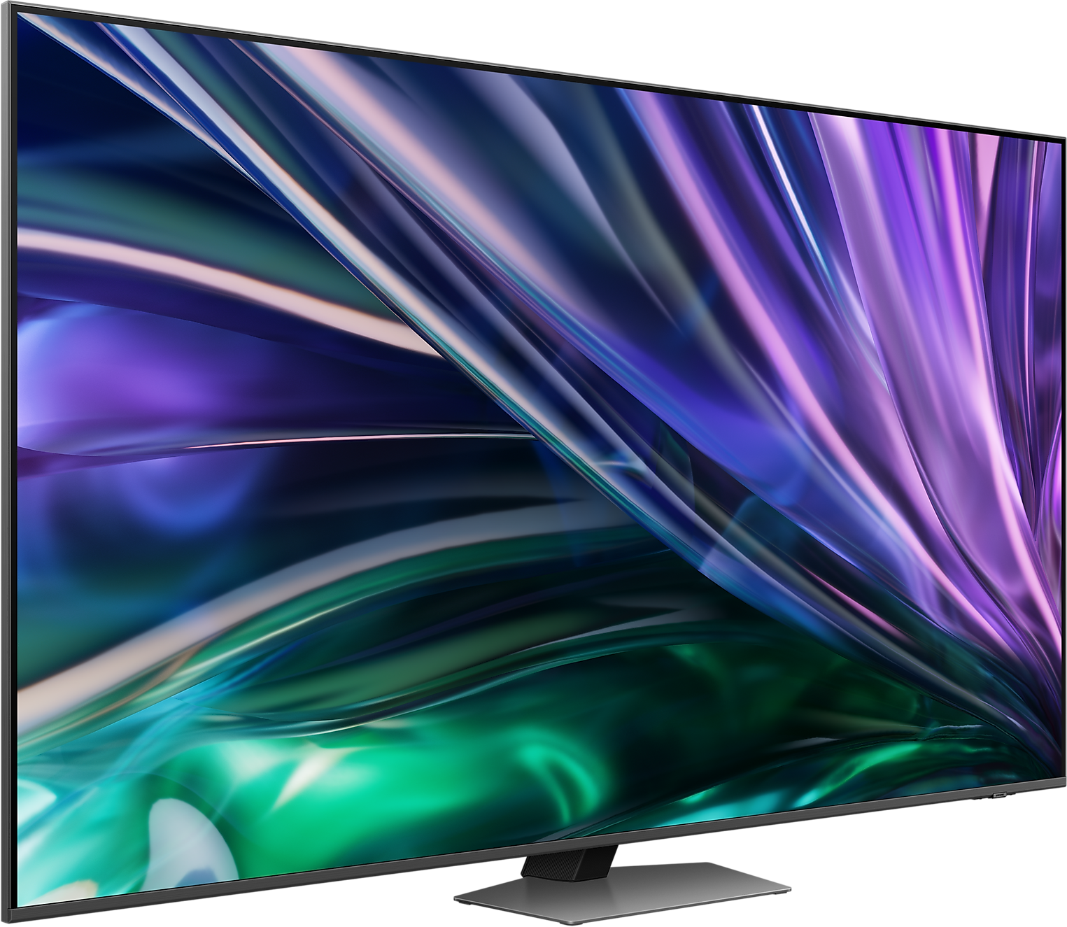 Egy nagy, modern TV-képernyő fényes, színes kijelzővel, zöld és lila absztrakt formákat mutatva.