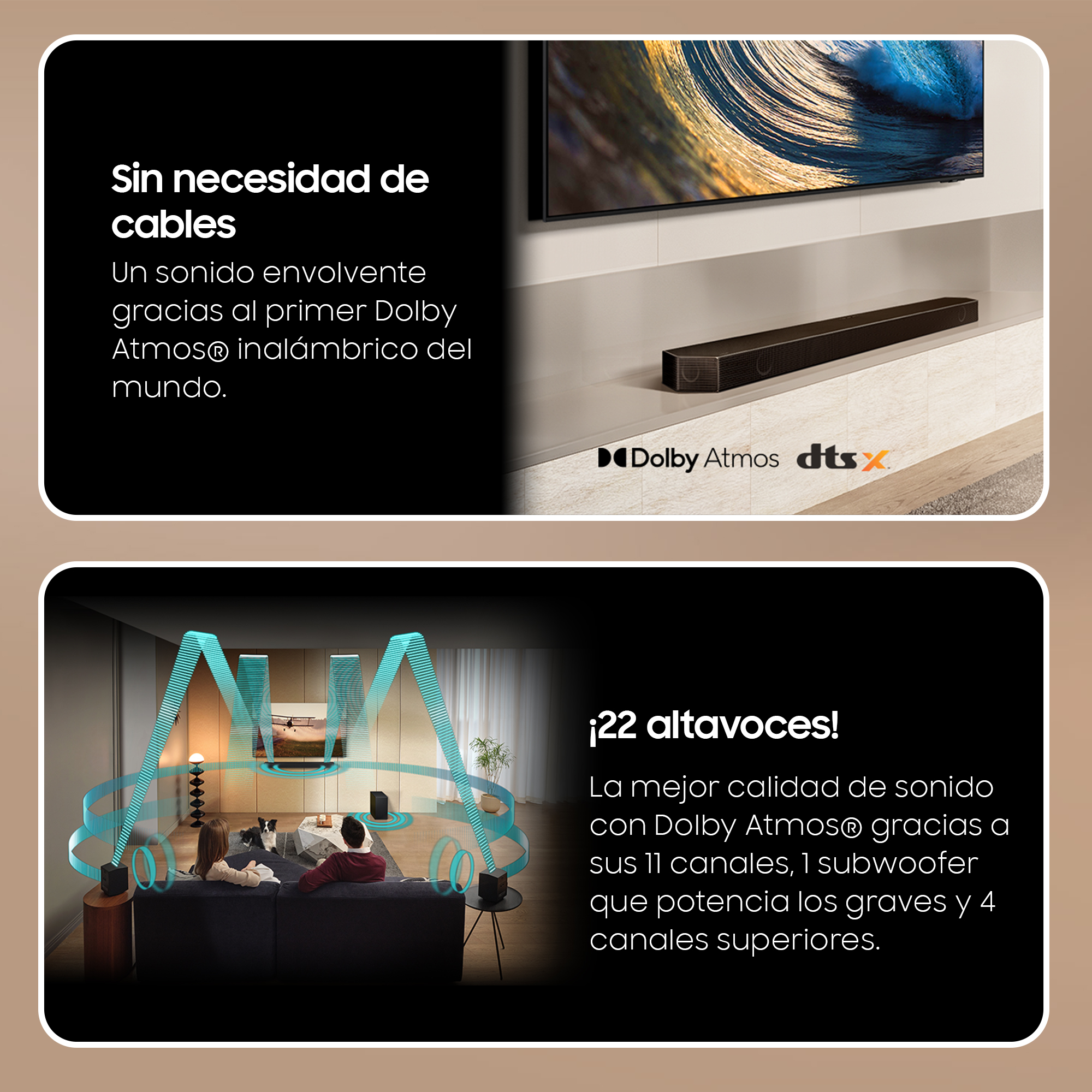 Dos imágenes que muestran una barra de sonido y una configuración de cine en casa con ondas de sonido.