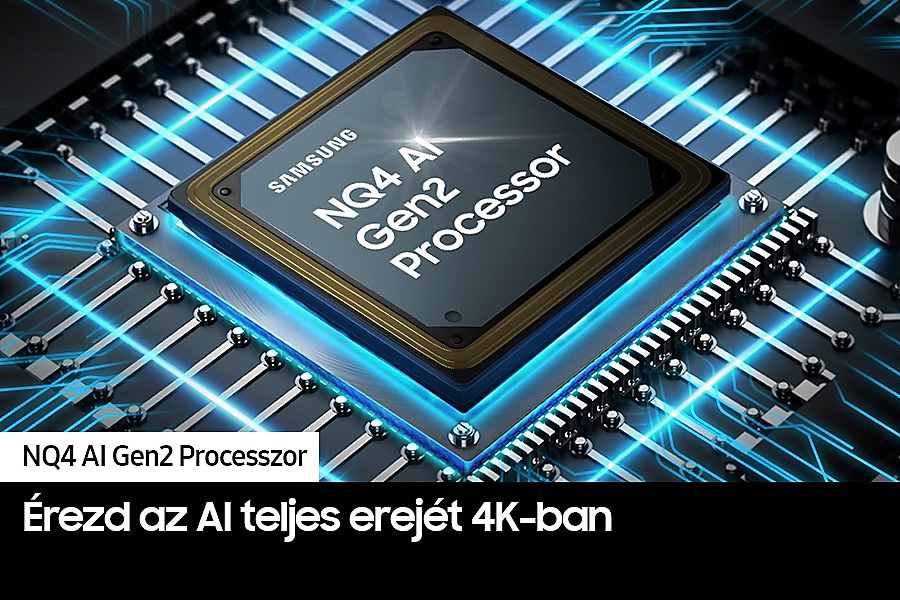 Samsung processzor chip közelről. Szöveg: 'NQ4 AI Gen2 Processor'.
