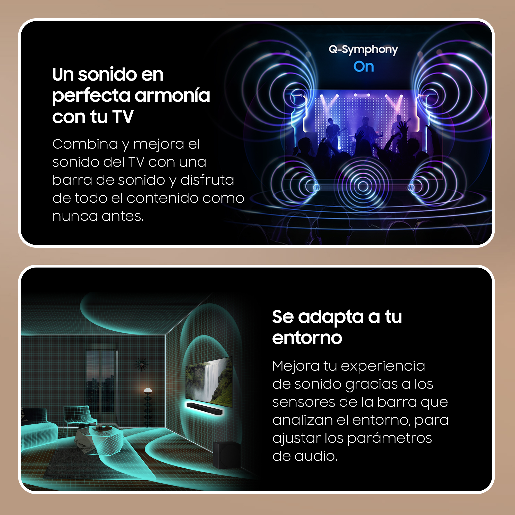 Dos imágenes de una configuración de entretenimiento doméstico, que describen las características de sonido, en un fondo en blanco y negro.
