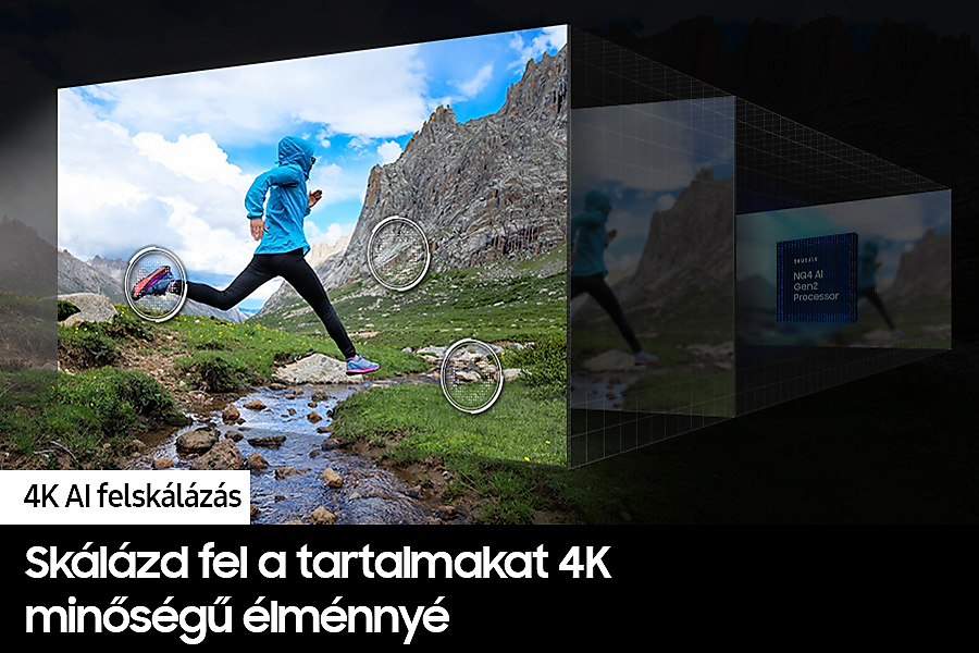 Egy ember hegyekben fut 4k-s AI felkonvertálási diagrammal. A diagram egy processzort és egy hegyi jelenetet mutat.