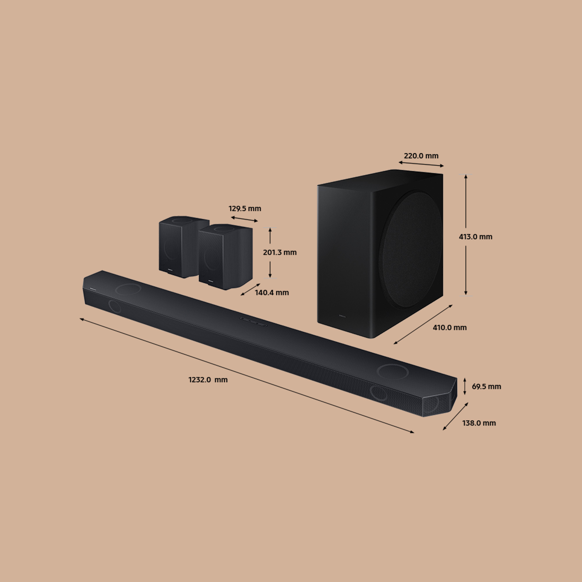 Una barra de sonido, un subwoofer y dos altavoces con dimensiones.
