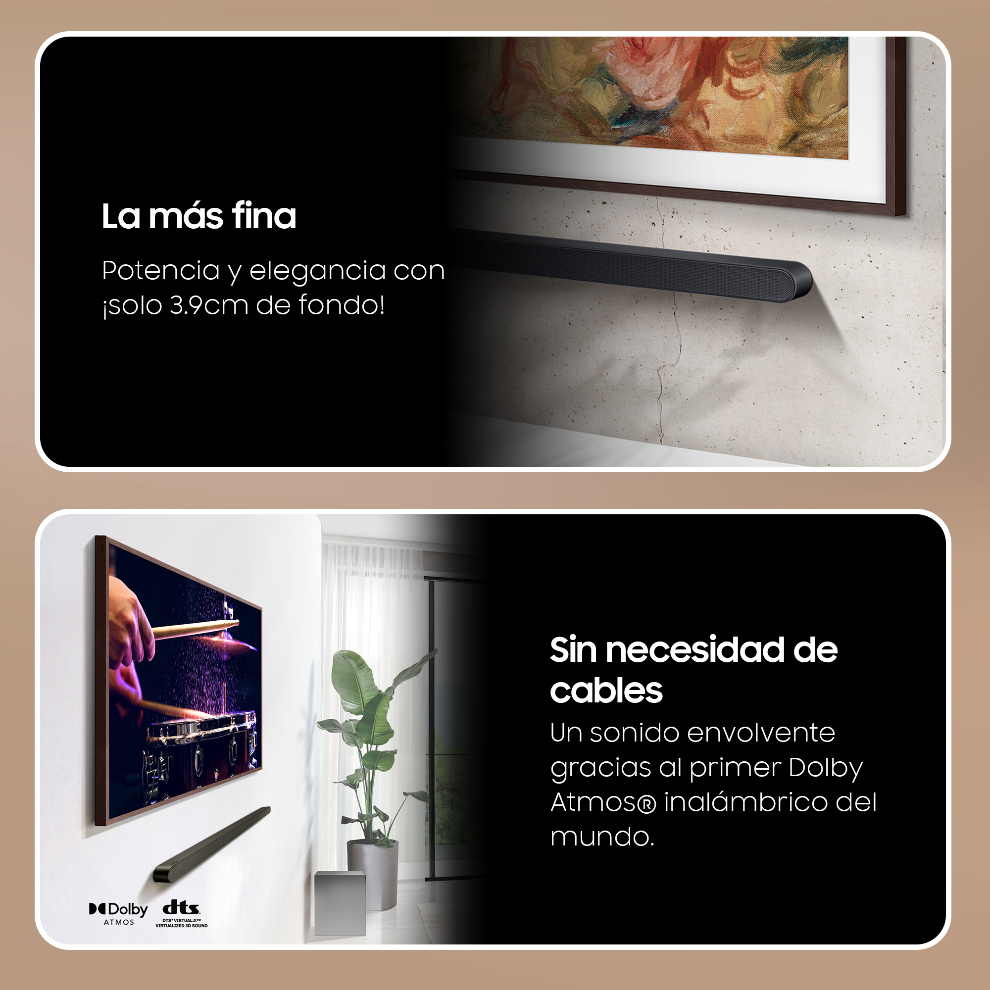 Dos imágenes con texto, una muestra una barra de sonido en la pared, la otra un televisor y cables.