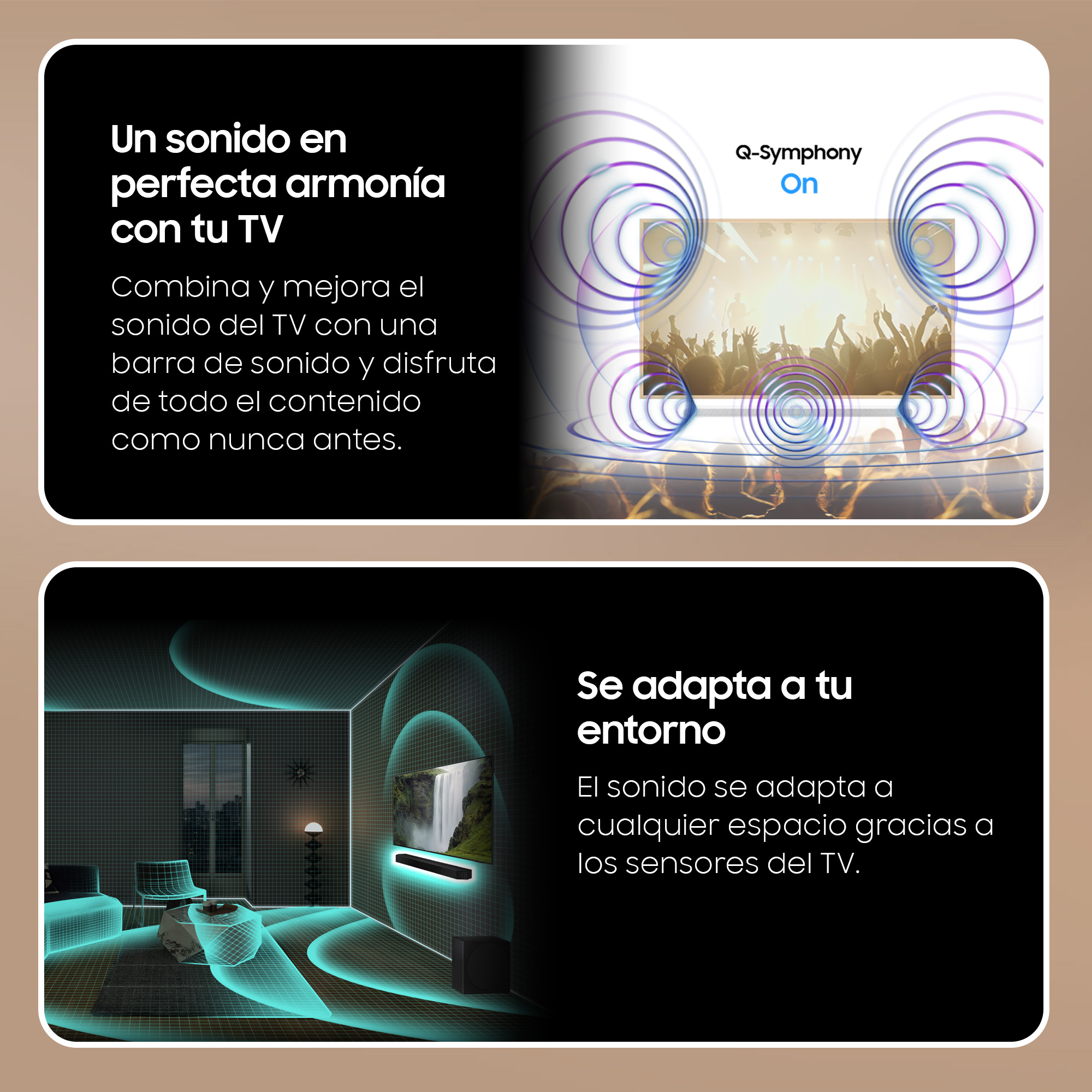 Dos imágenes con texto y gráficos sobre una barra de sonido.
