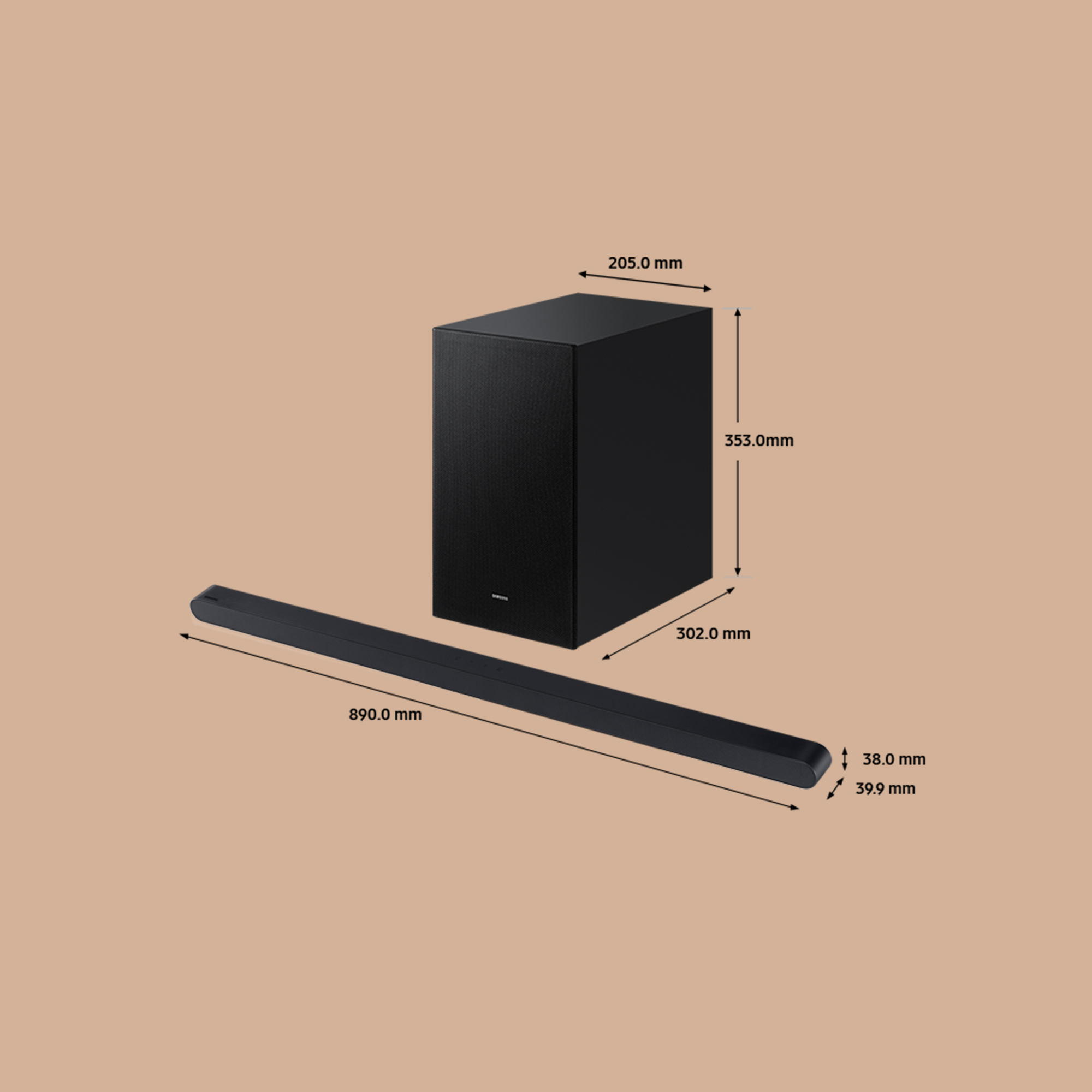 Barra de sonido y subwoofer negros con dimensiones sobre fondo beige.