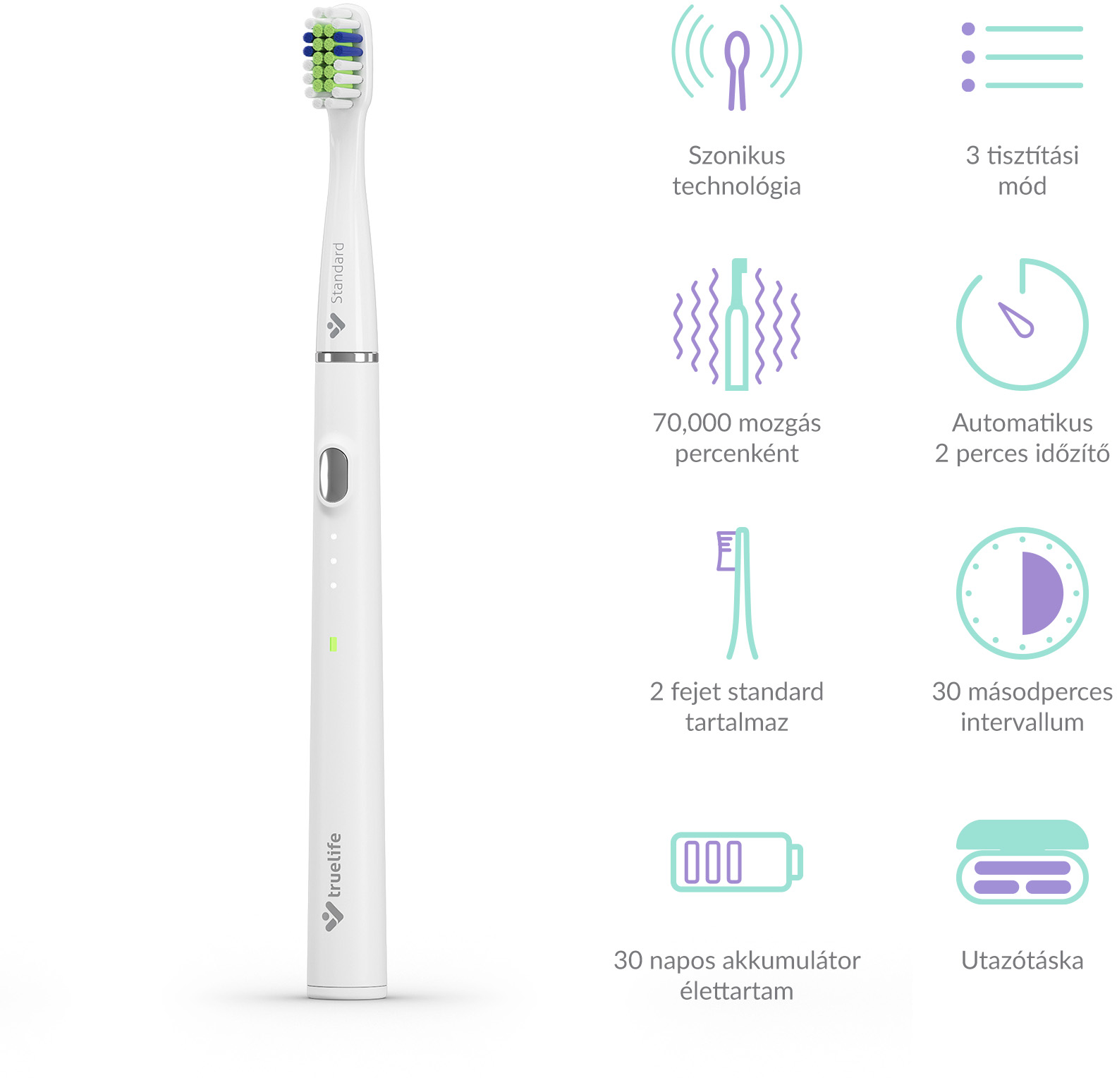 Fehér elektromos fogkefe ikonokkal, amelyek olyan funkciókat jeleznek, mint a szónikus technológia és az akkumulátor élettartama.