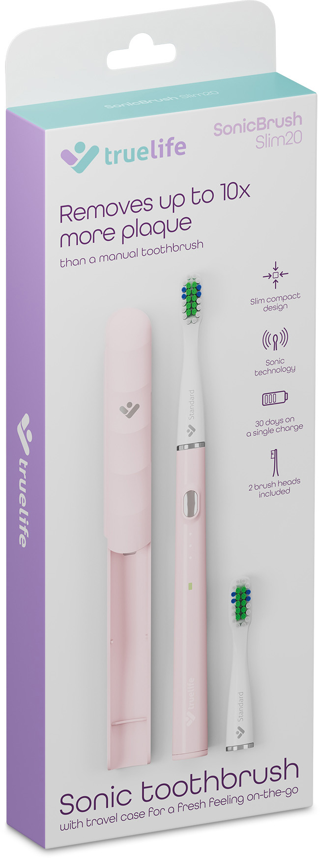 Rózsaszín TrueLife SonicBrush Slim20 elektromos fogkefe csomag utazótáskával és fejekkel.